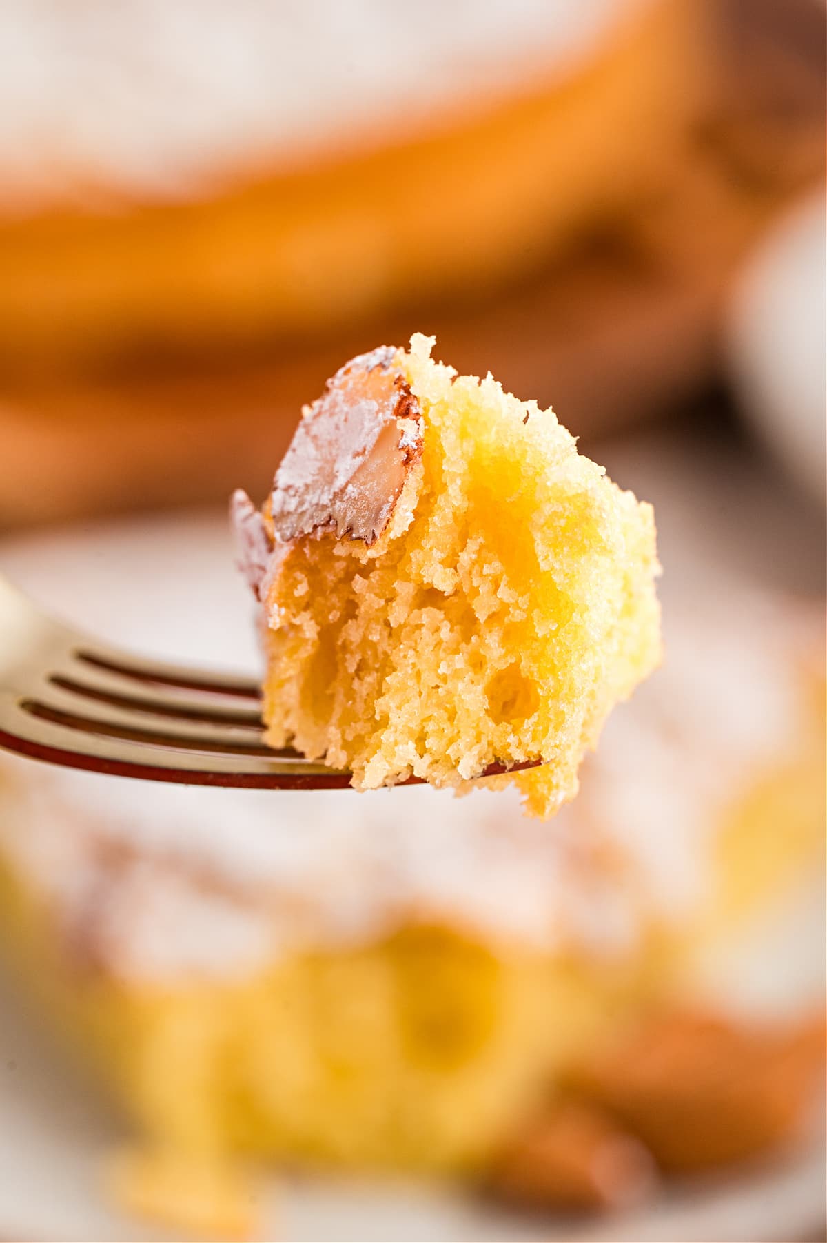 Close-up of a forkful of tender almond flour cake with powdered sugar and sliced almond topping visible. Fork holding a bite of almond flour cake showing the soft, airy interior crumb