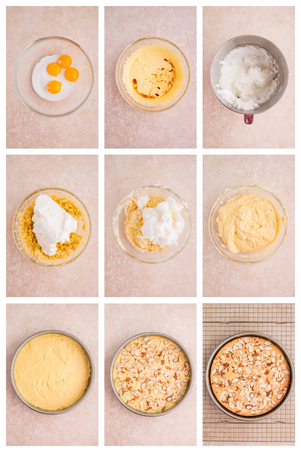 Collage of process images showing mixing egg yolks and sugar, whipping egg whites, folding batter, spreading into a cake pan, topping with sliced almonds, and baking. Step-by-step process photos showing how to make almond cake, including whipping egg whites, folding batter, and baking in a 9-inch pan