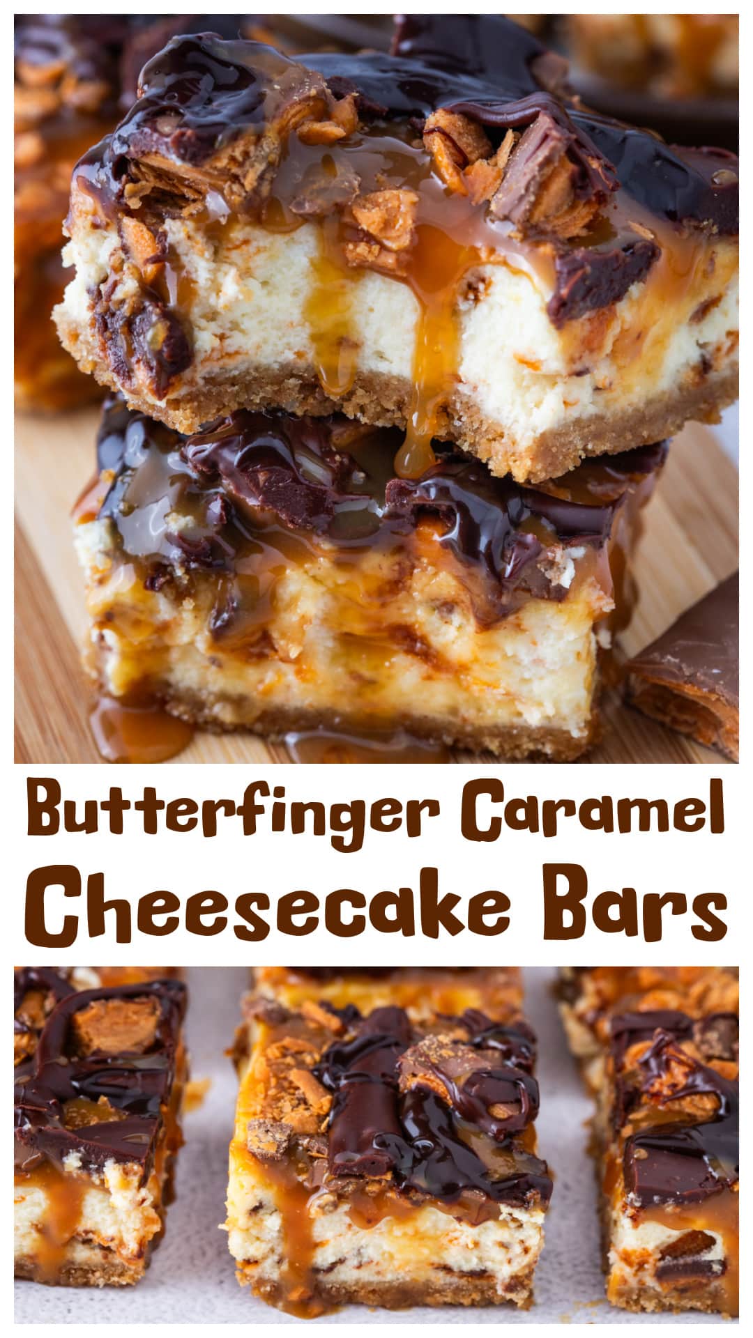 Butterfinger Caramel Cheesecake Bars with a buttery graham cracker crust, creamy baked cheesecake filling, smooth caramel sauce, and chopped Butterfinger candy bars throughout. These rich cheesecake bars are perfect for Valentine’s Day, holiday dessert tables, potlucks, or any time you want an easy candy bar dessert. Includes 9x9 and 9x13 pan options, make-ahead tips, and slicing tricks for the best bars. via @cmpollak1