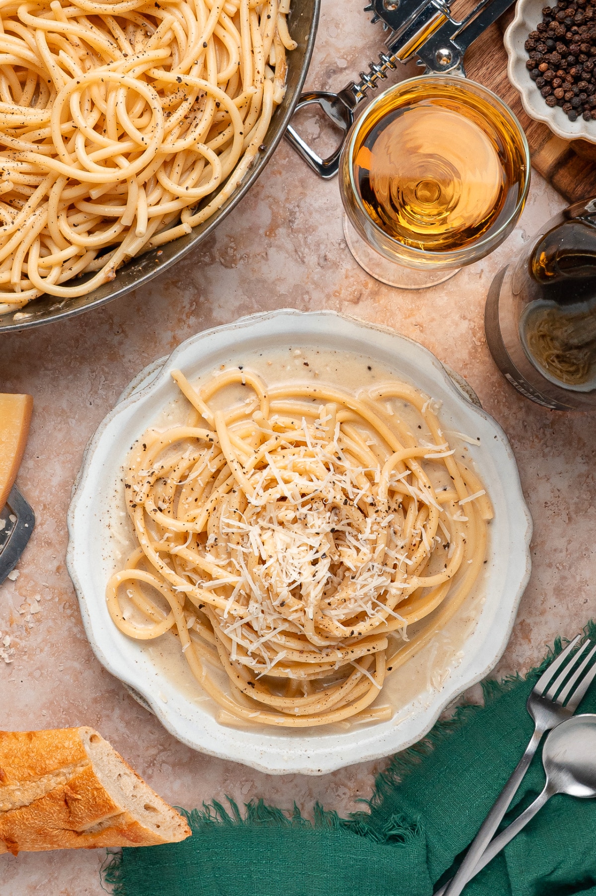 Cacio e Pepe overhead view on white plates