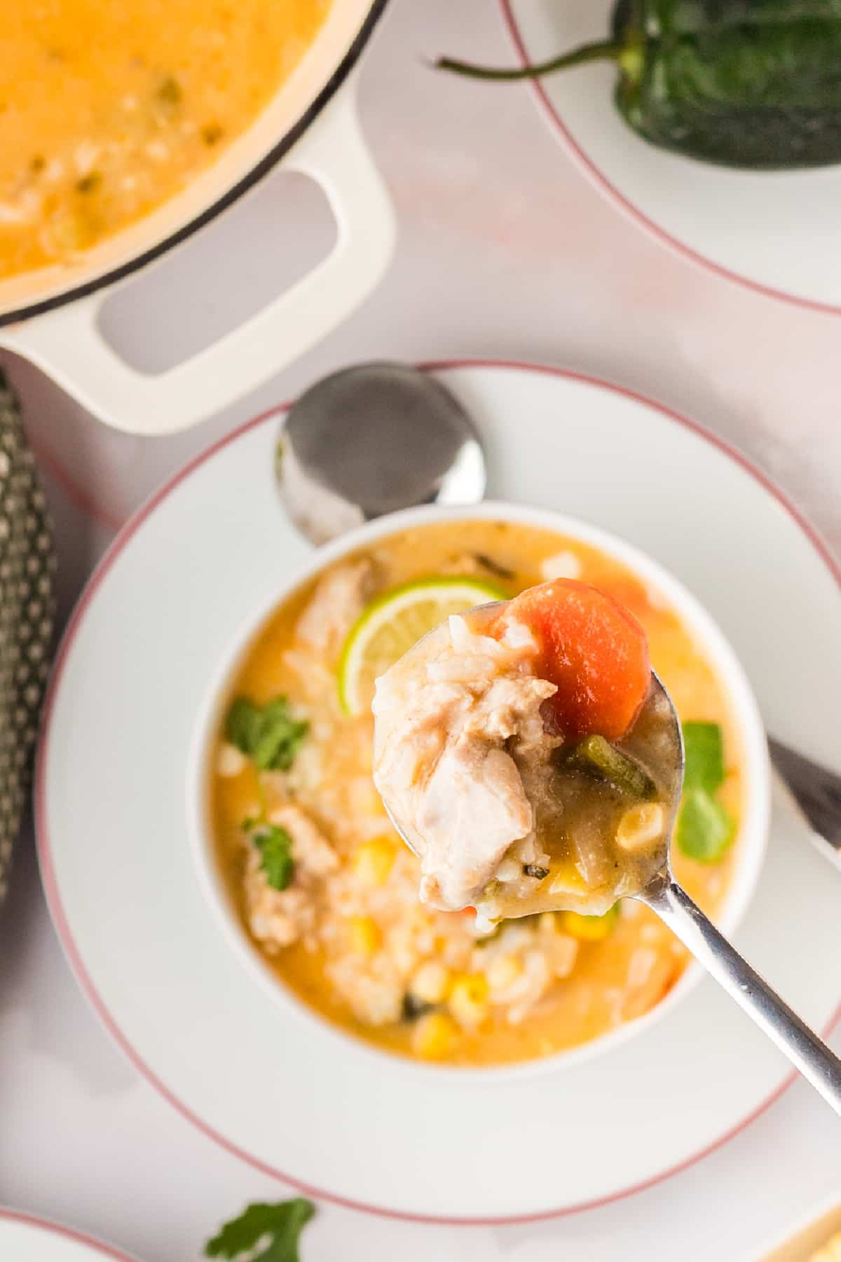 Spoonful of creamy chicken and rice soup with poblano, carrot, and corn