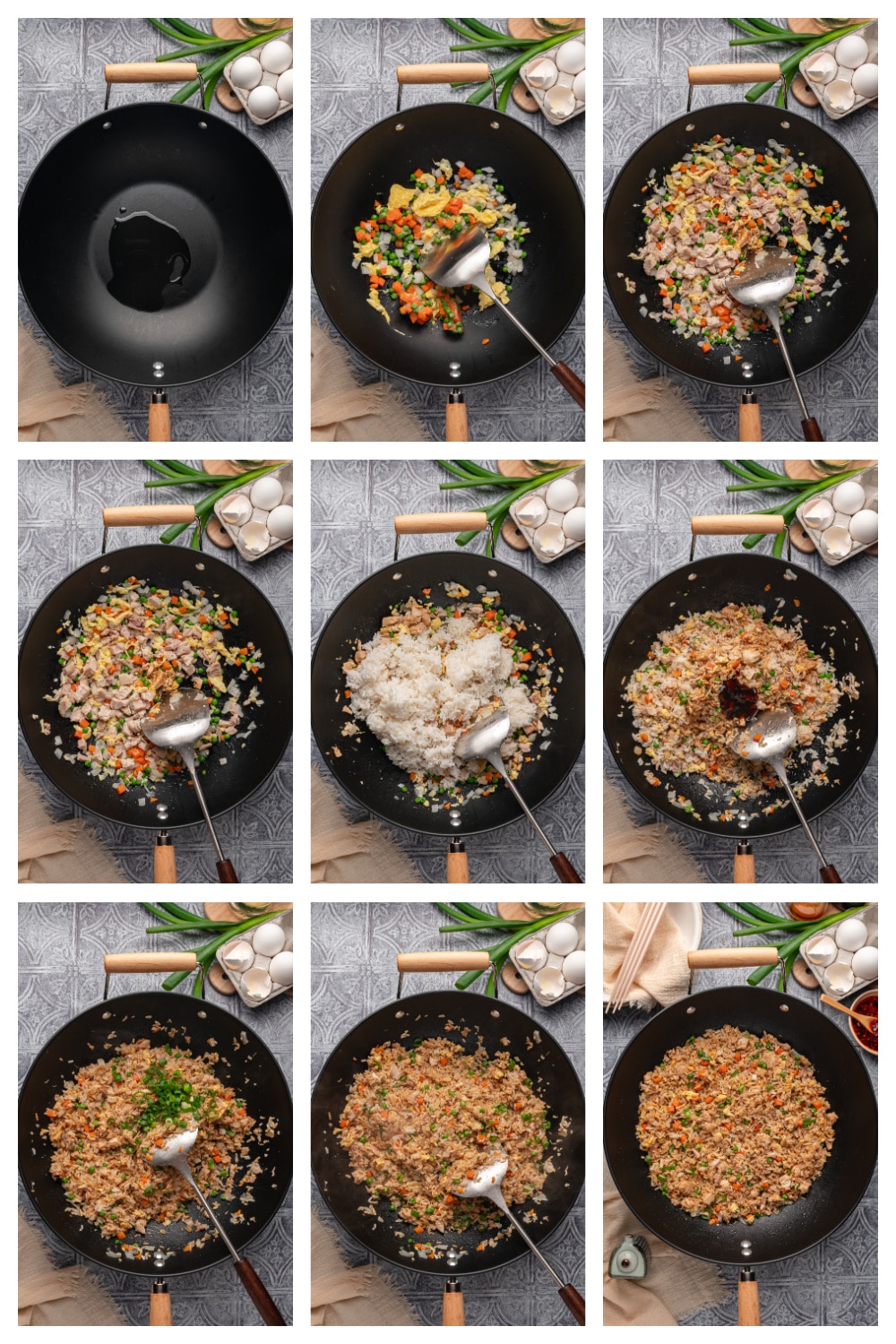 Step-by-step process of making fried rice with chicken in a wok, from sautéing vegetables to finishing the rice