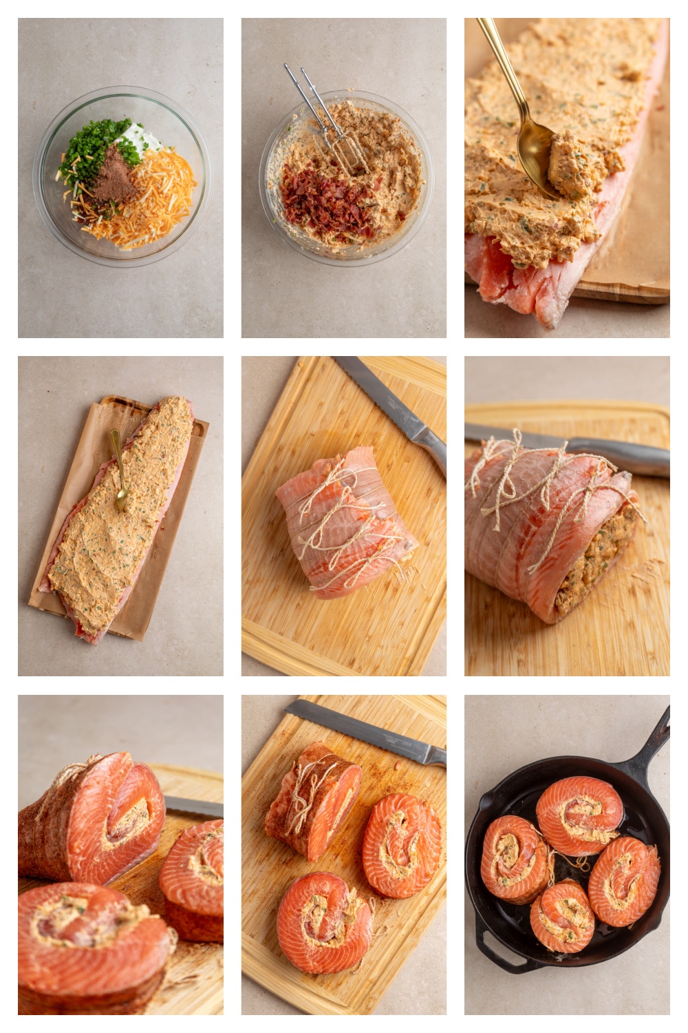 Process collage showing mixing the jalapeño popper filling, spreading it over a whole salmon fillet, rolling and tying the salmon, slicing into pinwheels, and arranging them in a cast iron skillet before baking. How to make chipotle jalapeño popper stuffed salmon rolls step by step