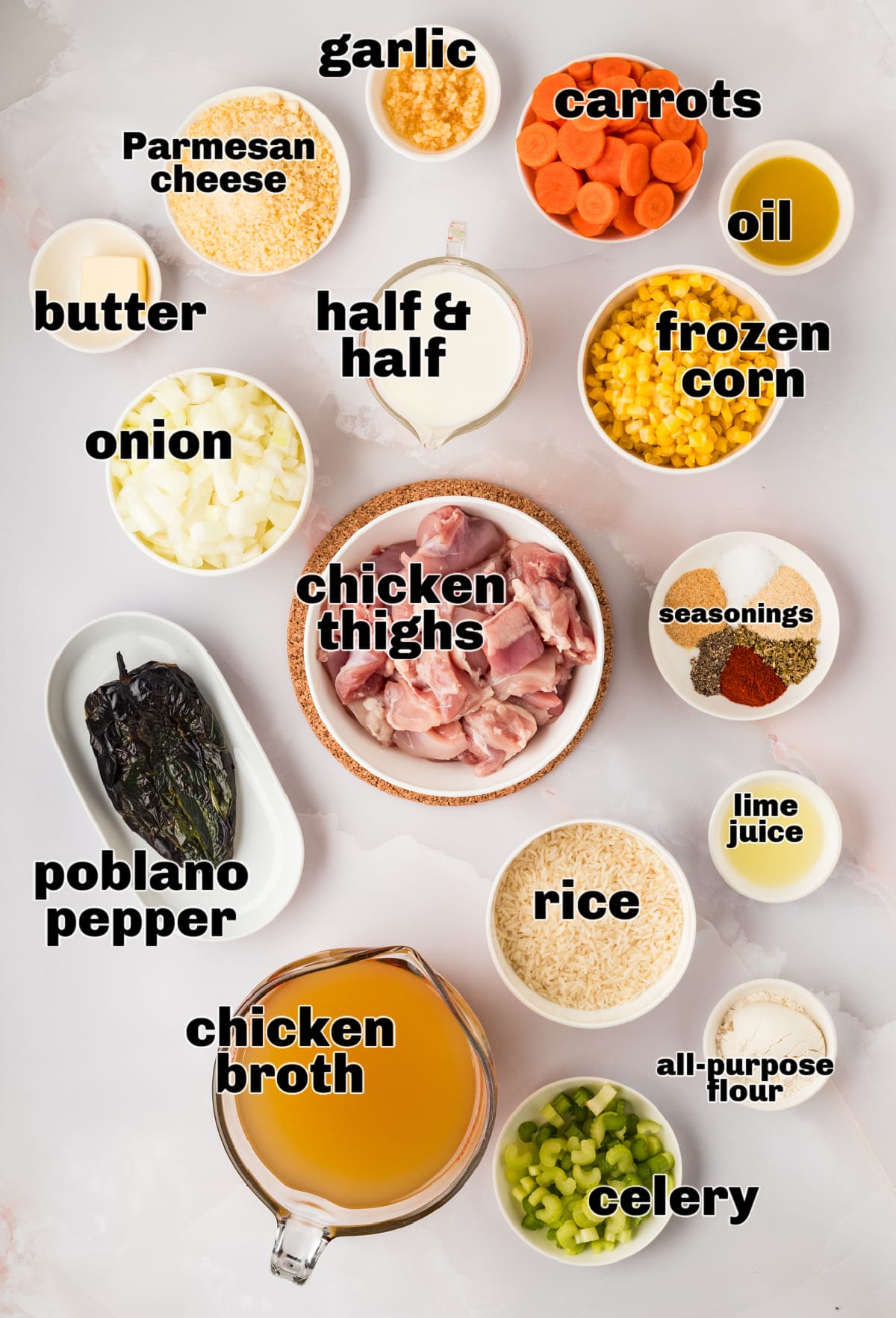 Ingredients for Creamy Chicken and Rice Poblano Soup including chicken thighs, poblano pepper, rice, corn, and broth