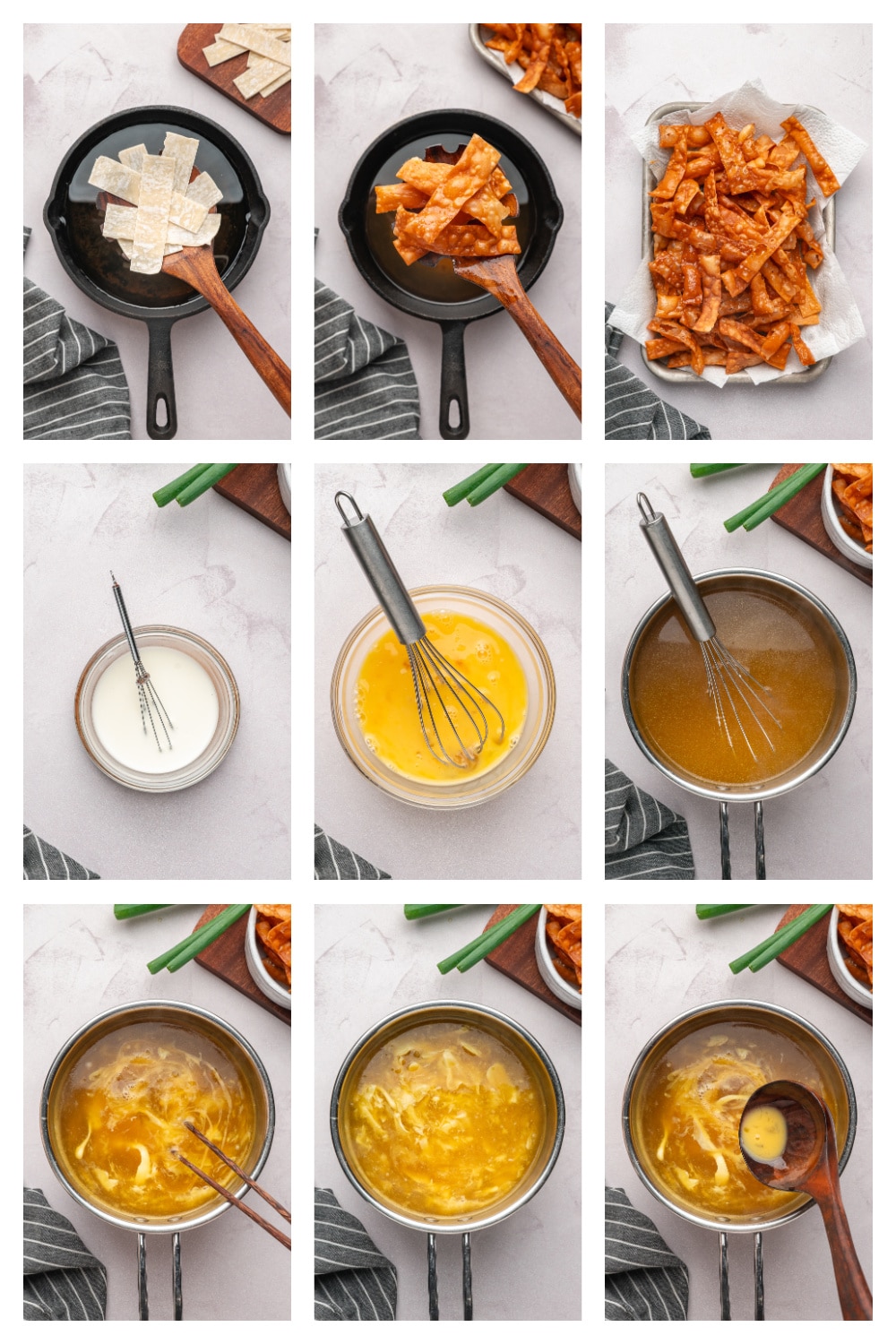 Step-by-step process showing frying wonton strips, whisking eggs, thickening broth, pouring eggs to form ribbons, and finishing egg drop soup in a saucepan How to make egg drop soup with fried wonton strips step by step