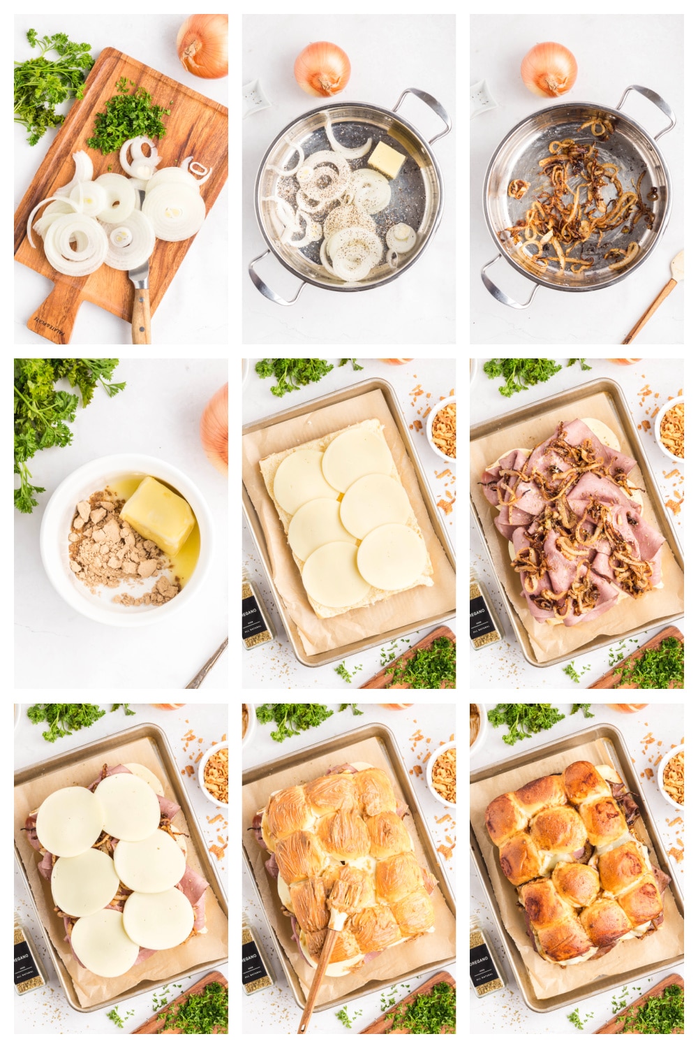 Step-by-step process showing how to make baked French dip sliders, including caramelizing onions, layering roast beef and provolone on sweet rolls, brushing with butter, and baking until golden How to make French dip sliders with caramelized onions, roast beef, provolone, and sweet rolls