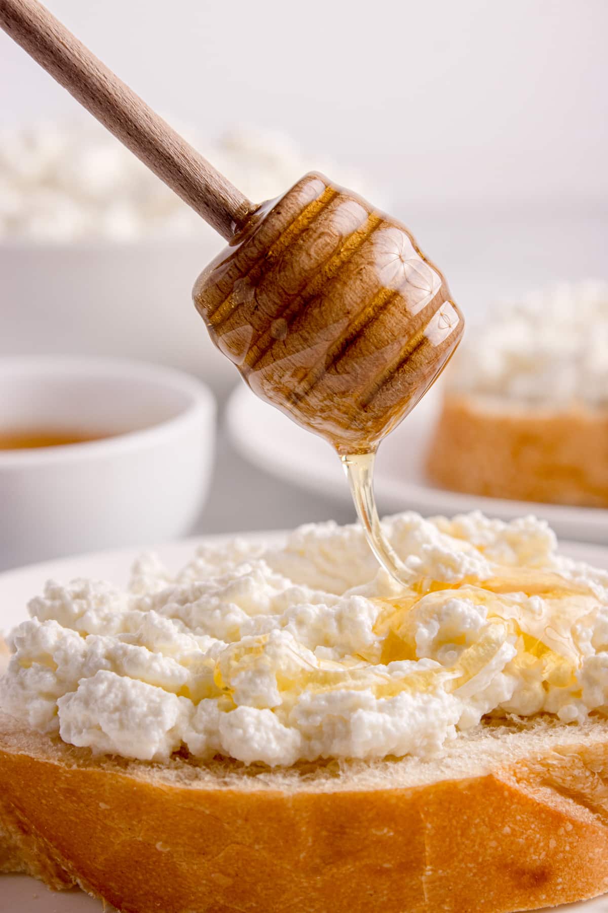 Fresh homemade ricotta cheese on toasted bread, finished with a drizzle of honey Homemade ricotta cheese spread on toasted bread with honey drizzle