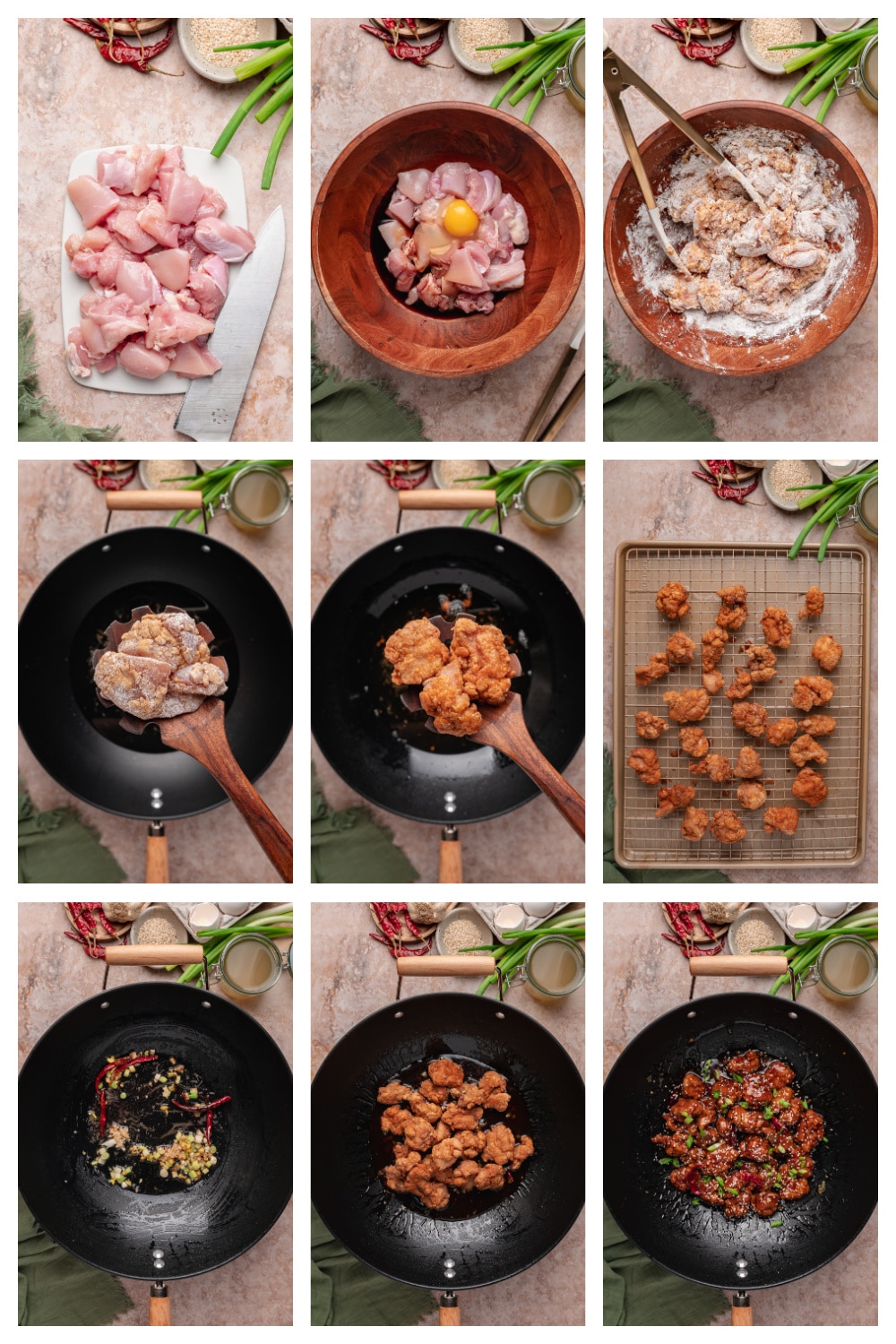 Step-by-step process of making General Tso’s chicken from cutting chicken thighs to frying and tossing in sauce