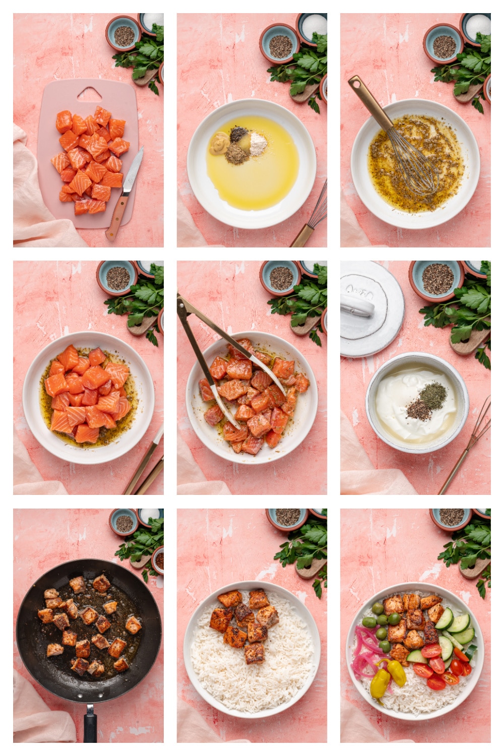 How to Make Greek Salmon Rice Bowl How to make Greek Salmon Rice Bowl step by step including marinating salmon, whisking Dijon olive oil marinade, searing salmon bites, and assembling rice bowl