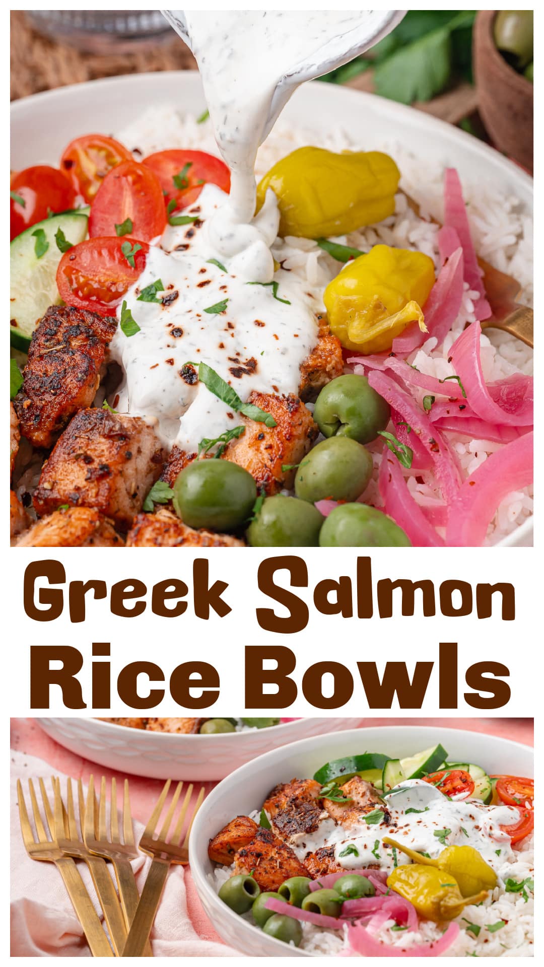 Greek salmon rice bowls with seared salmon bites, warm rice, crisp vegetables, and lemony yogurt dill sauce. This Greek salmon bowl is built on contrast, hot salmon, cool yogurt, briny olives, and sharp pickled red onions. It’s an easy salmon rice bowl recipe that works for weeknight dinner. via @cmpollak1