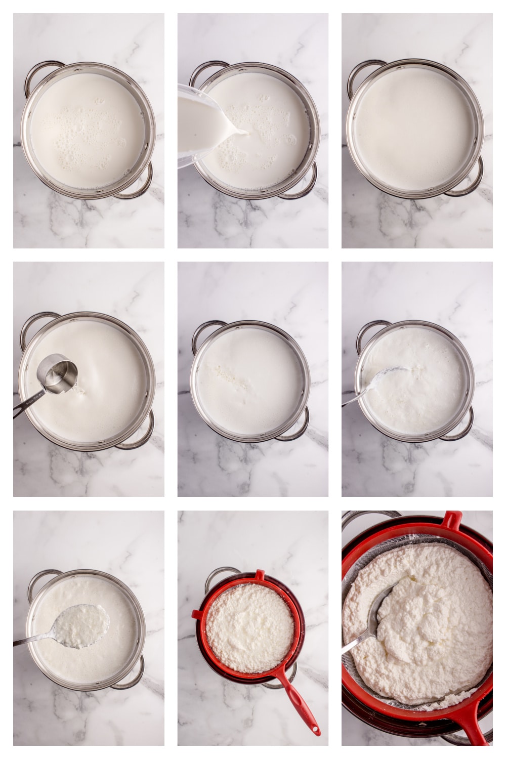 Visual stages of making ricotta at home, from heating the milk to draining the curds Step-by-step process showing milk heating, curd formation, and ricotta draining
