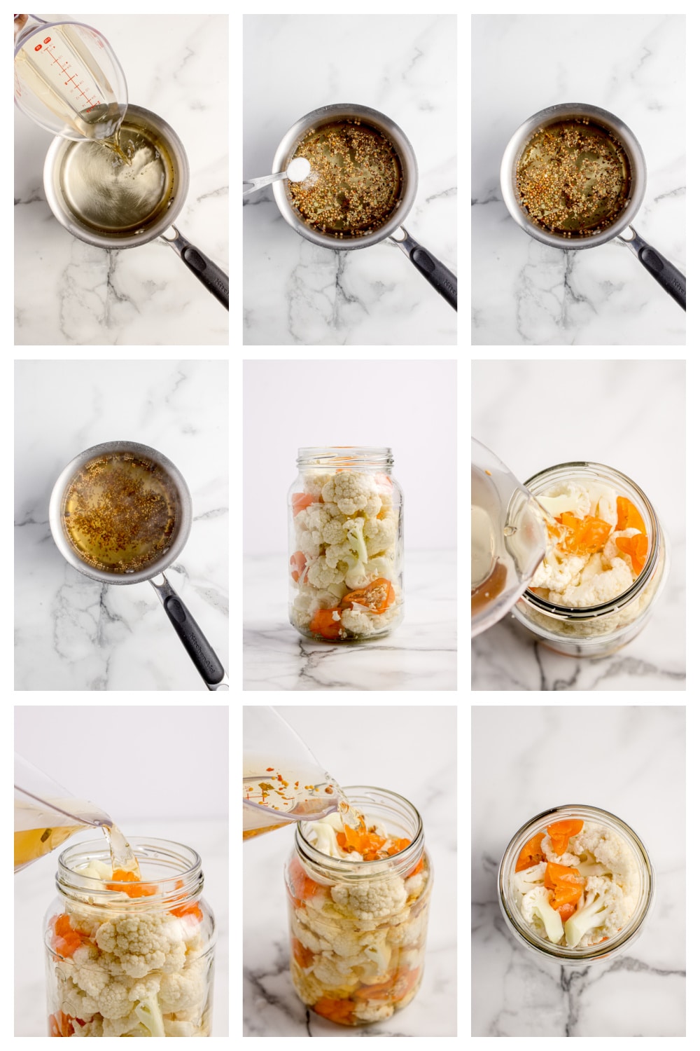 Process collage showing spicy cauliflower refrigerator pickles being prepared Step-by-step process of making hot pickled cauliflower from boiling brine to pouring over florets in jar