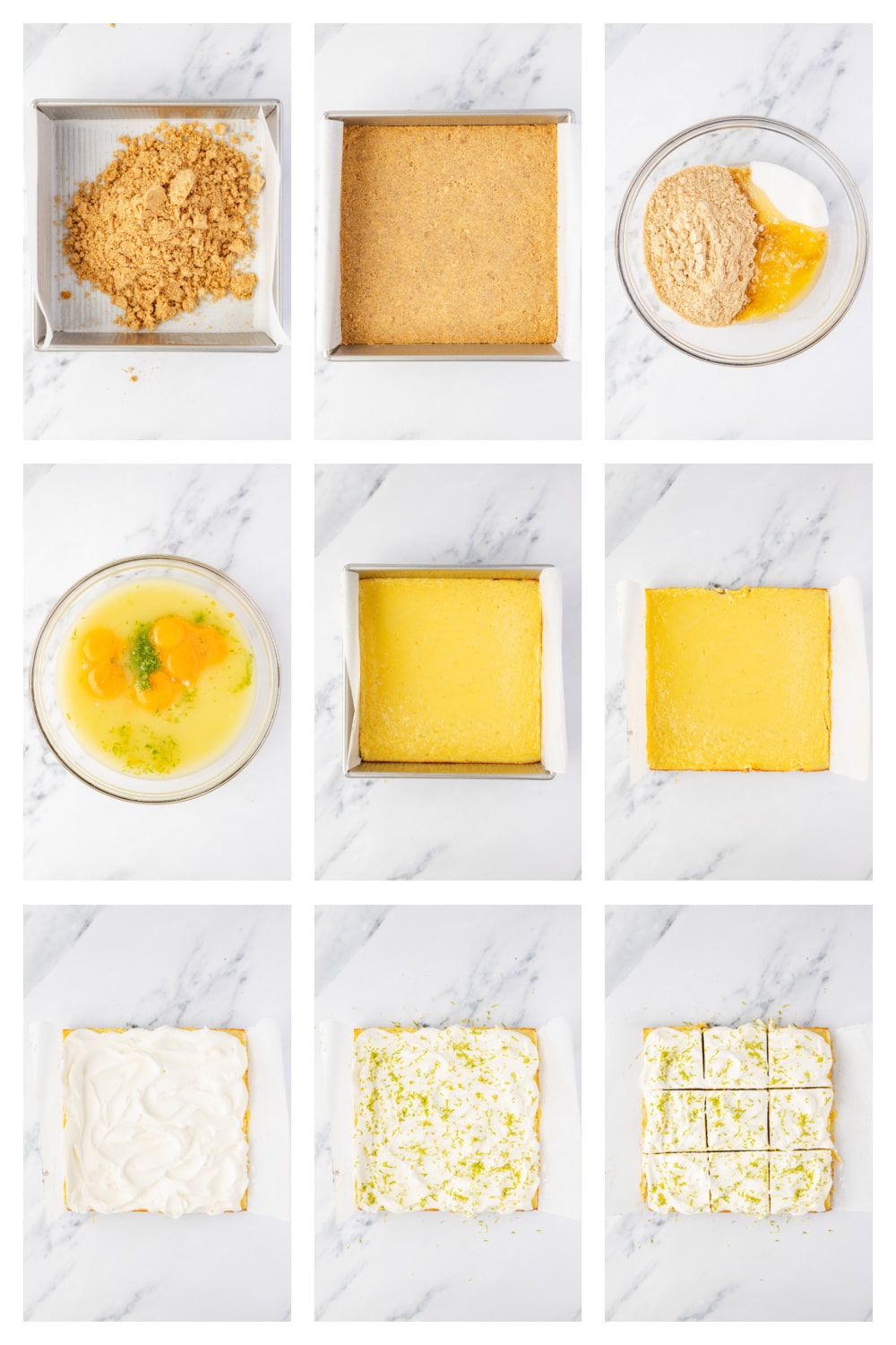 Step-by-step process for making lime custard bars from crust to whipped cream topping and slicing Step-by-step process for making lime custard bars from crust to whipped cream topping and slicing