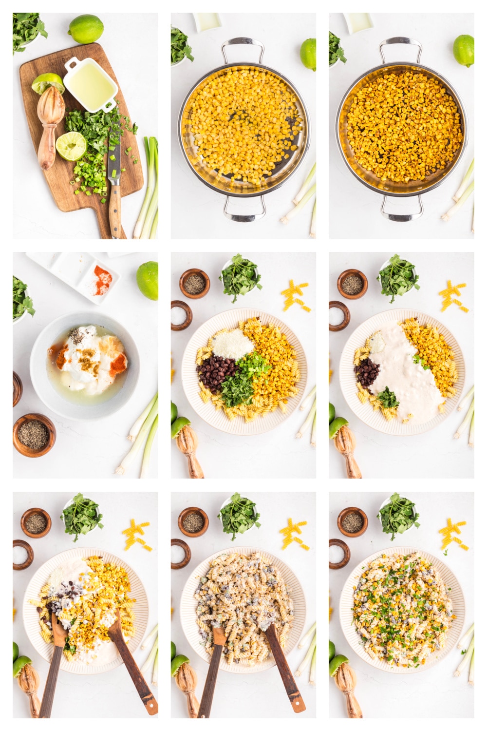 Process shots of cooking corn, mixing dressing, and tossing pasta salad Step-by-step process showing how to make street corn pasta salad from ingredients to finished dish