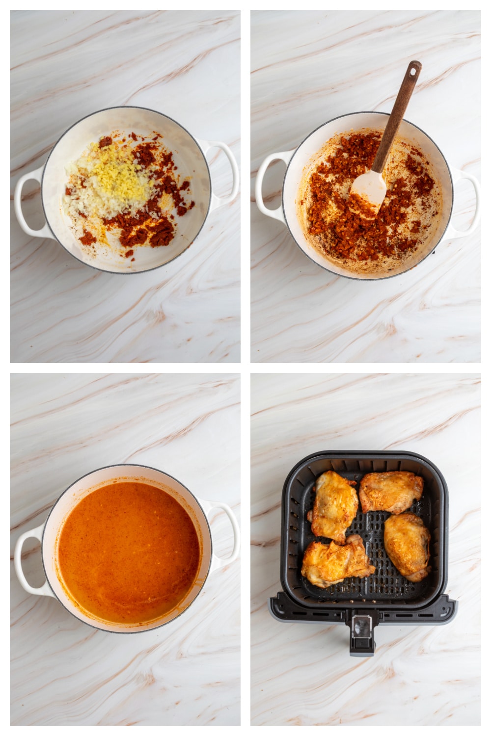 Panang curry ramen cooking steps collage Step-by-step collage showing curry paste sautéed with aromatics, coconut curry broth simmering, and crispy chicken thighs in the air fryer for Thai curry ramen
