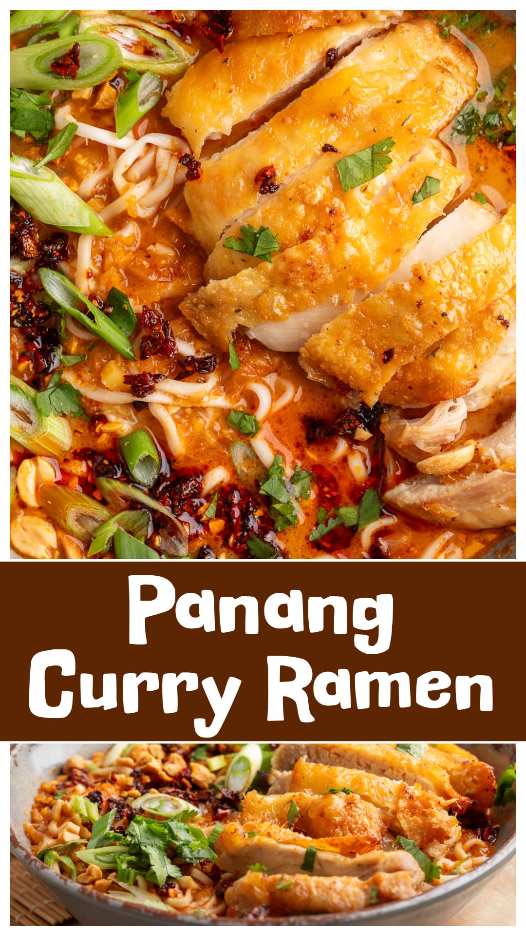 Panang curry ramen with crispy chicken and coconut milk broth made with Thai Panang curry paste, ginger, garlic, and lime. Blooming the curry paste first changes the flavor completely. Skin-on chicken thighs stay crisp, the noodles stay separate, and the broth holds real heat and richness. A bold homemade ramen bowl that tastes finished. via @cmpollak1