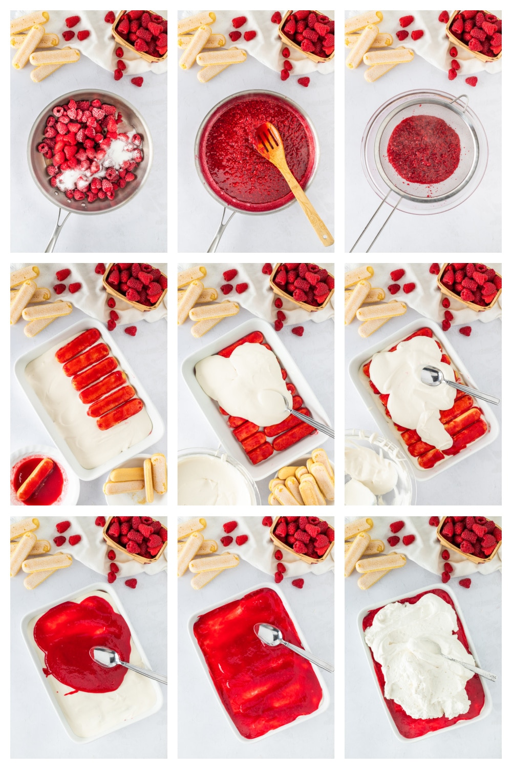 Step-by-step process showing raspberry syrup, dipping ladyfingers, and layering mascarpone cream and raspberry purée