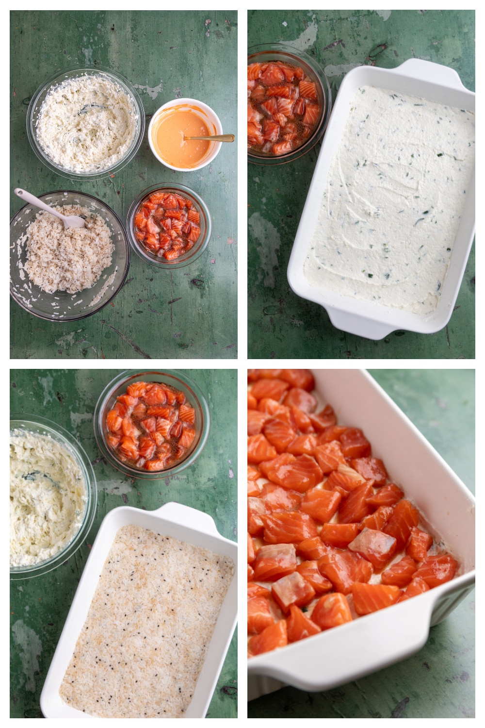 Step-by-step layering of rice, crab, and salmon before baking. Layering rice, crab mixture, and marinated salmon in a 9x13 baking dish