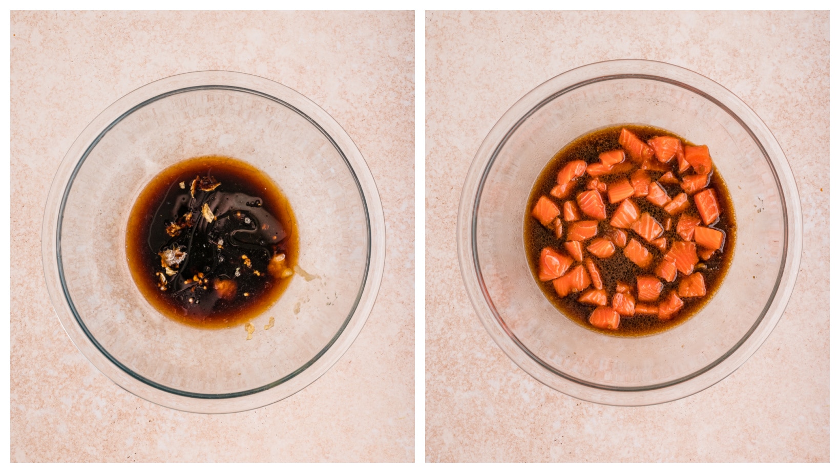 Overhead process shot showing cubed raw salmon added to a soy sauce–based marinade in a glass bowl Salmon poke bowls with marinated sushi-grade salmon soaking in soy sauce, sesame oil, and lime