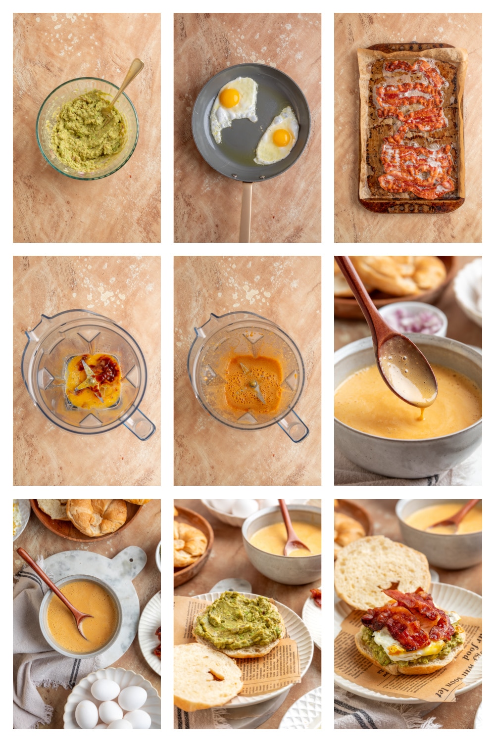 Step by step breakfast sandwich process showing mashed avocado, fried eggs, oven baked bacon, blender hollandaise and croissant assembly