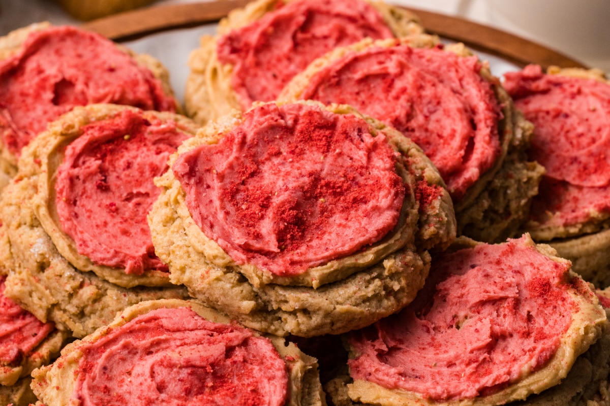 Biscoff Butter Cookies Close Up close up of Biscoff butter cookies with strawberry frosting