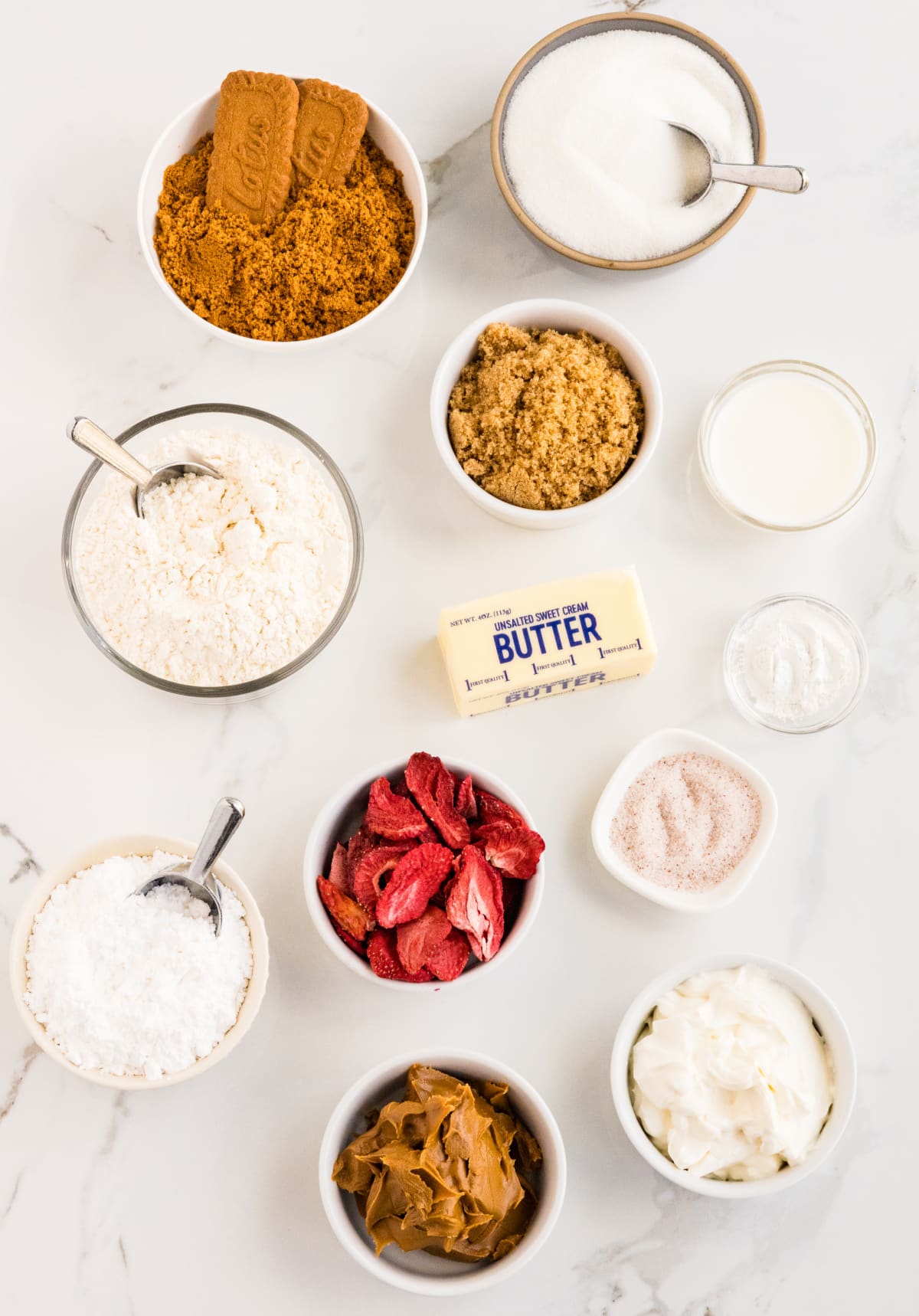 Ingredients for Biscoff Butter Cookies ingredients for Biscoff butter cookies including Biscoff cookies, flour, butter, and freeze-dried strawberries