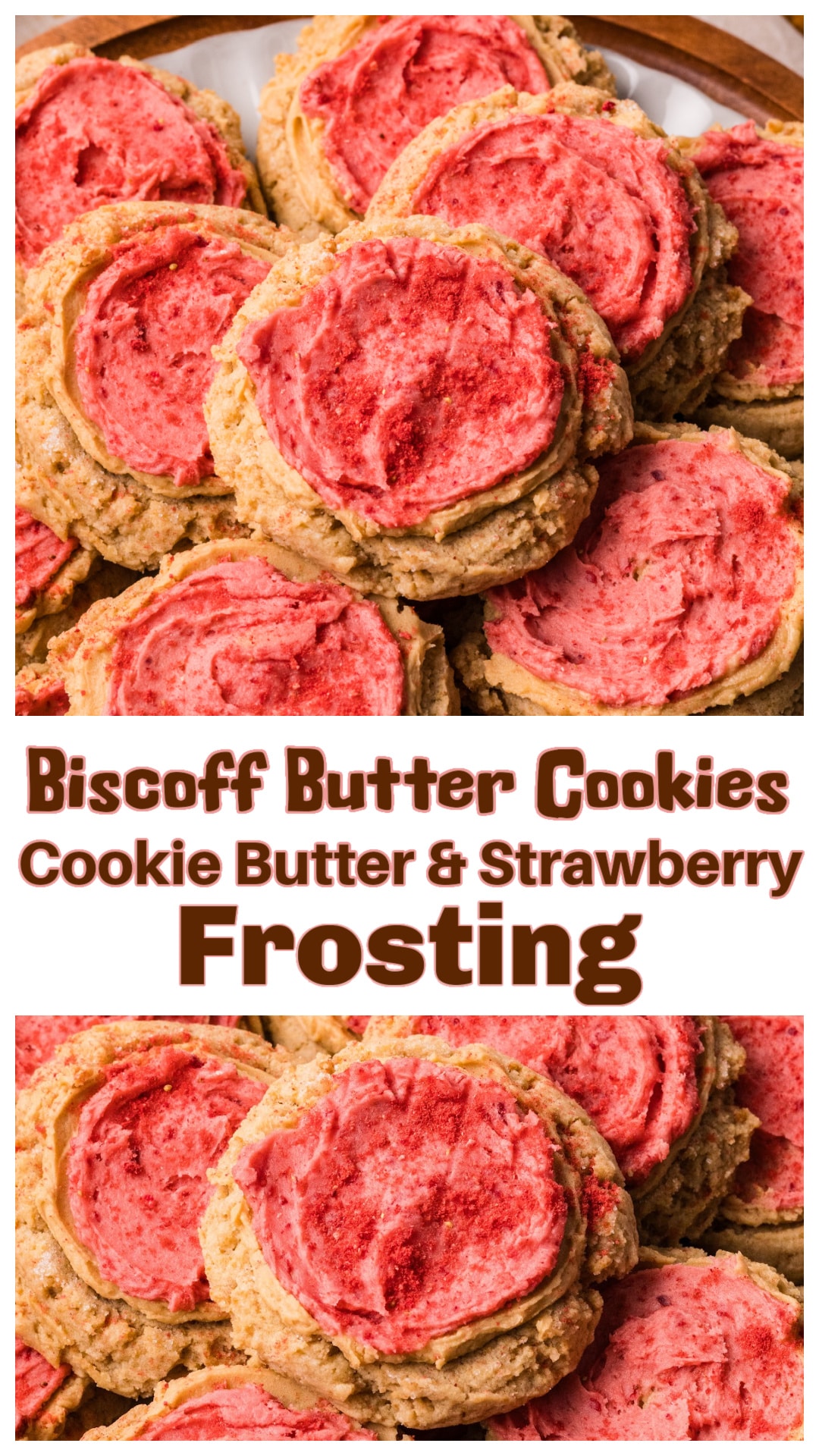 Soft center Biscoff butter cookies with two layers of frosting. These bakery-style cookies are thick, soft, and made with cookie butter and freeze-dried strawberries. No chill dough and egg-free, so they come together fast and hold their shape. Great for Easter desserts, baby showers, bridal showers, girls’ nights, holiday cookie trays, gender reveals and gifting. If you love Biscoff cookies or cookie butter desserts, this is one to save. via @cmpollak1