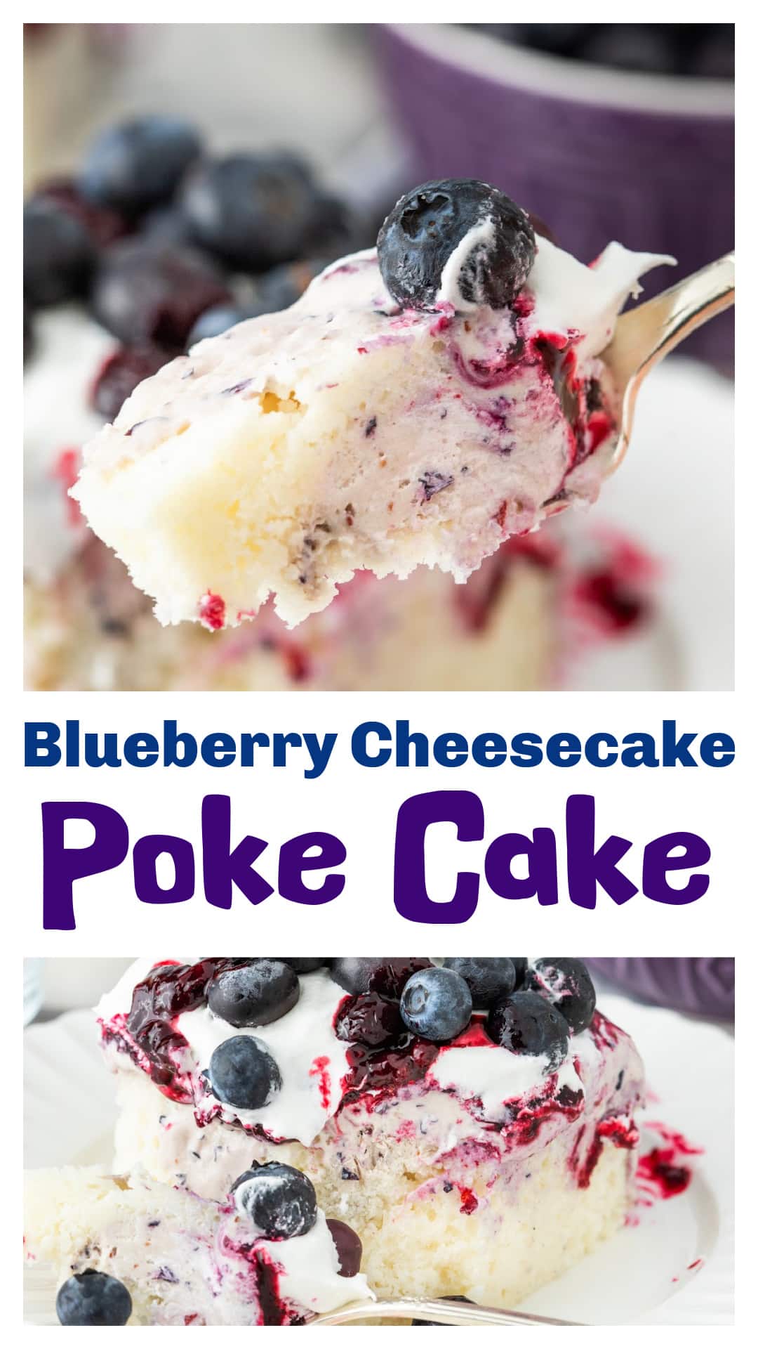 Blueberry cheesecake poke cake made with a soft vanilla cake, creamy cheesecake filling, and real blueberry layers. This layered blueberry dessert uses sweetened condensed milk, fresh or frozen blueberries, and a simple compote topping for rich flavor in every bite. A chilled make-ahead dessert that’s perfect for spring and summer gatherings, potlucks, and easy blueberry dessert recipes. via @cmpollak1