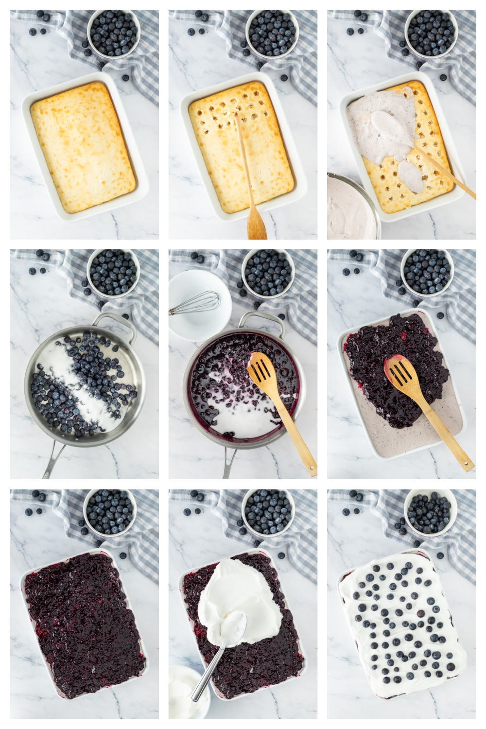 Blueberry cheesecake poke cake steps Process collage showing steps for making blueberry cheesecake poke cake including poking cake and adding filling