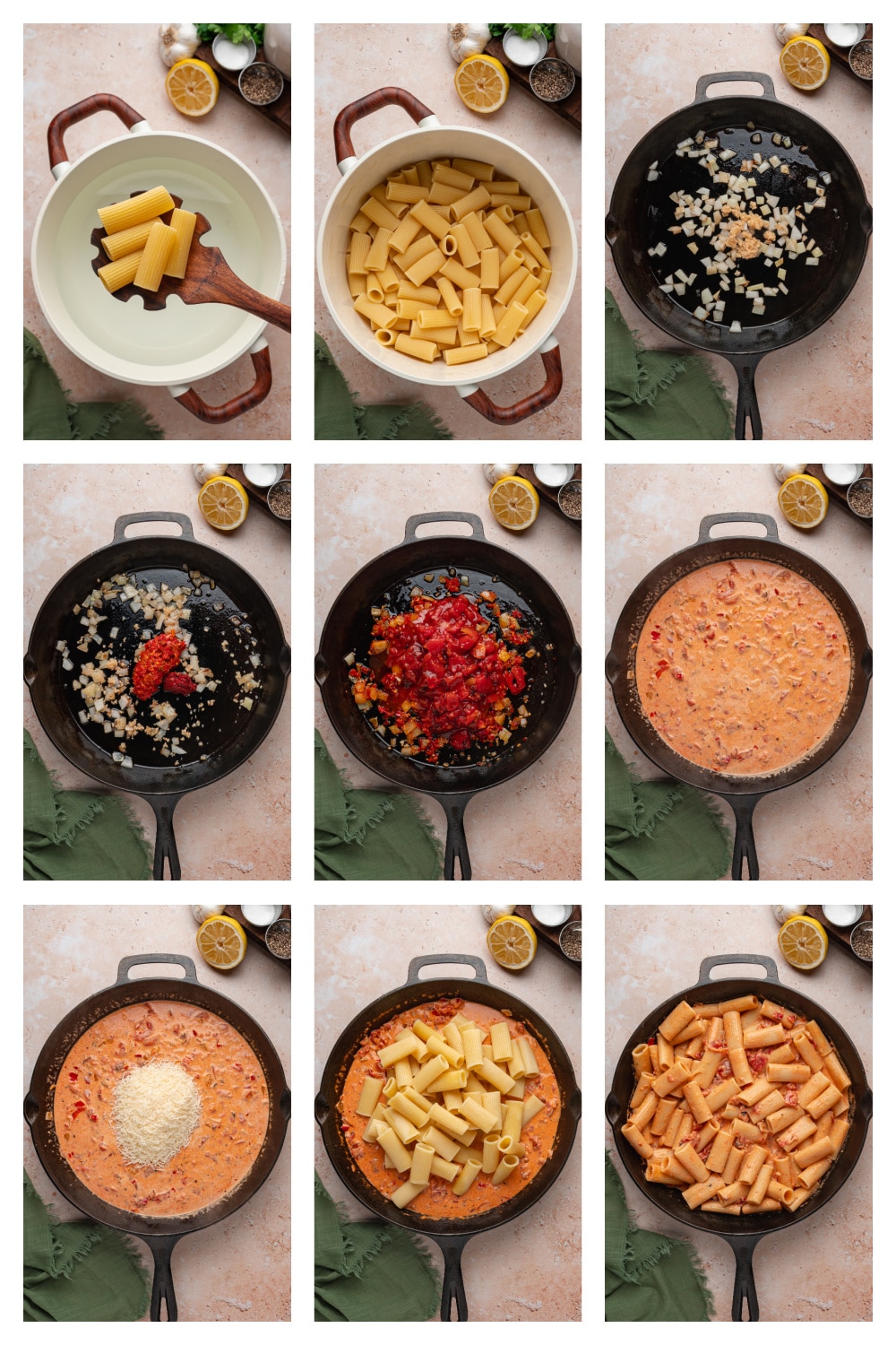 How to make Calabrian chili rigatoni step-by-step Step-by-step process showing how to make creamy Calabrian chili rigatoni from boiling pasta to finishing the tomato cream sauce