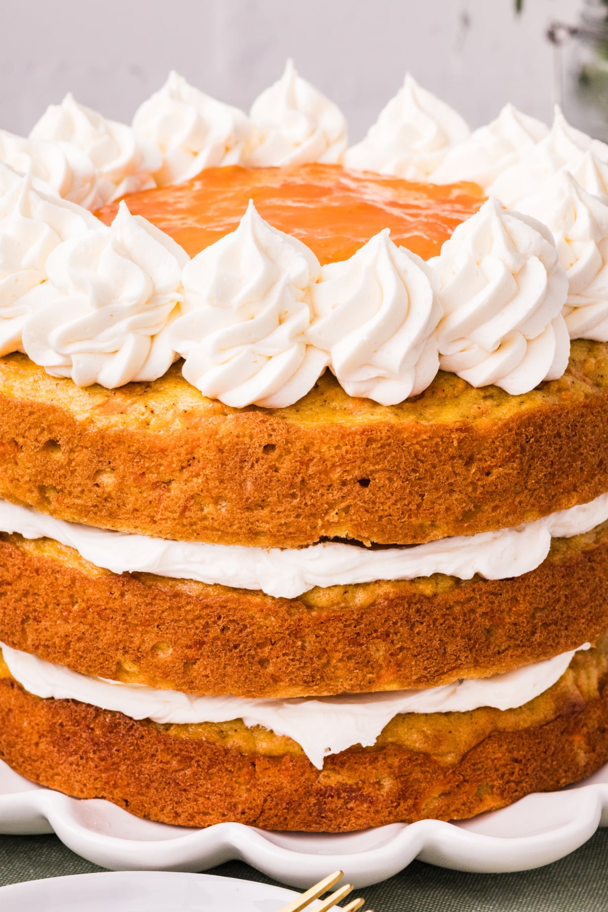 Carrot Cake with Apricot Filling and White Chocolate Cream Cheese Frosting layered view Carrot Cake with Apricot Filling and White Chocolate Cream Cheese Frosting showing thick layers and piped frosting