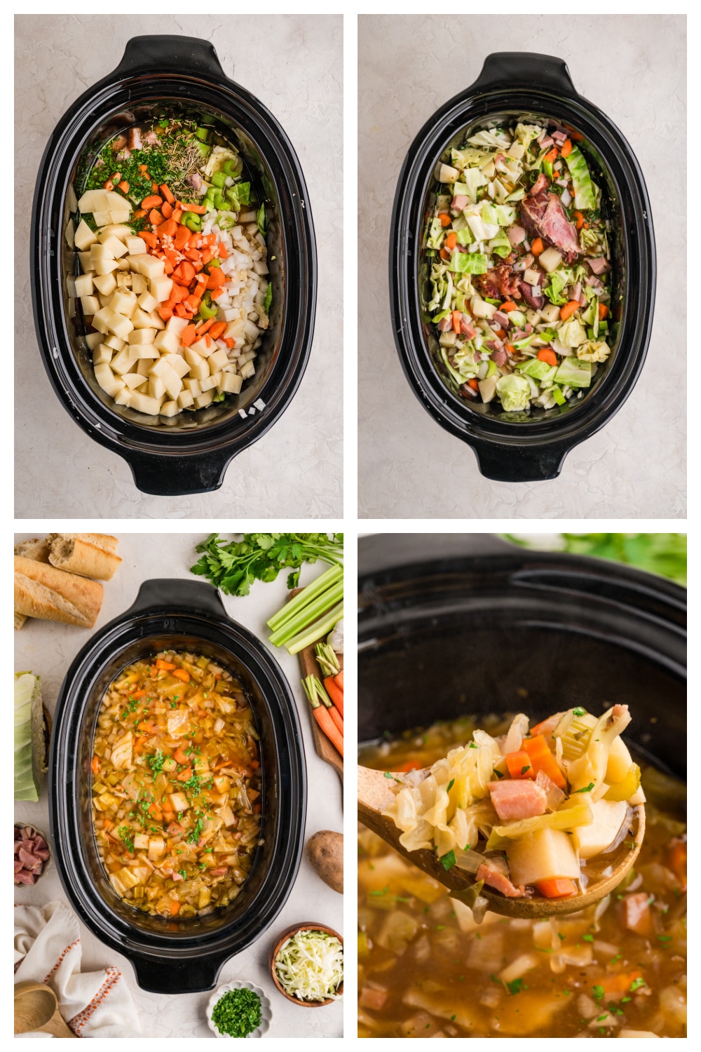 Steps to make cabbage soup Steps to make ham cabbage soup with chopped vegetables and simmering broth