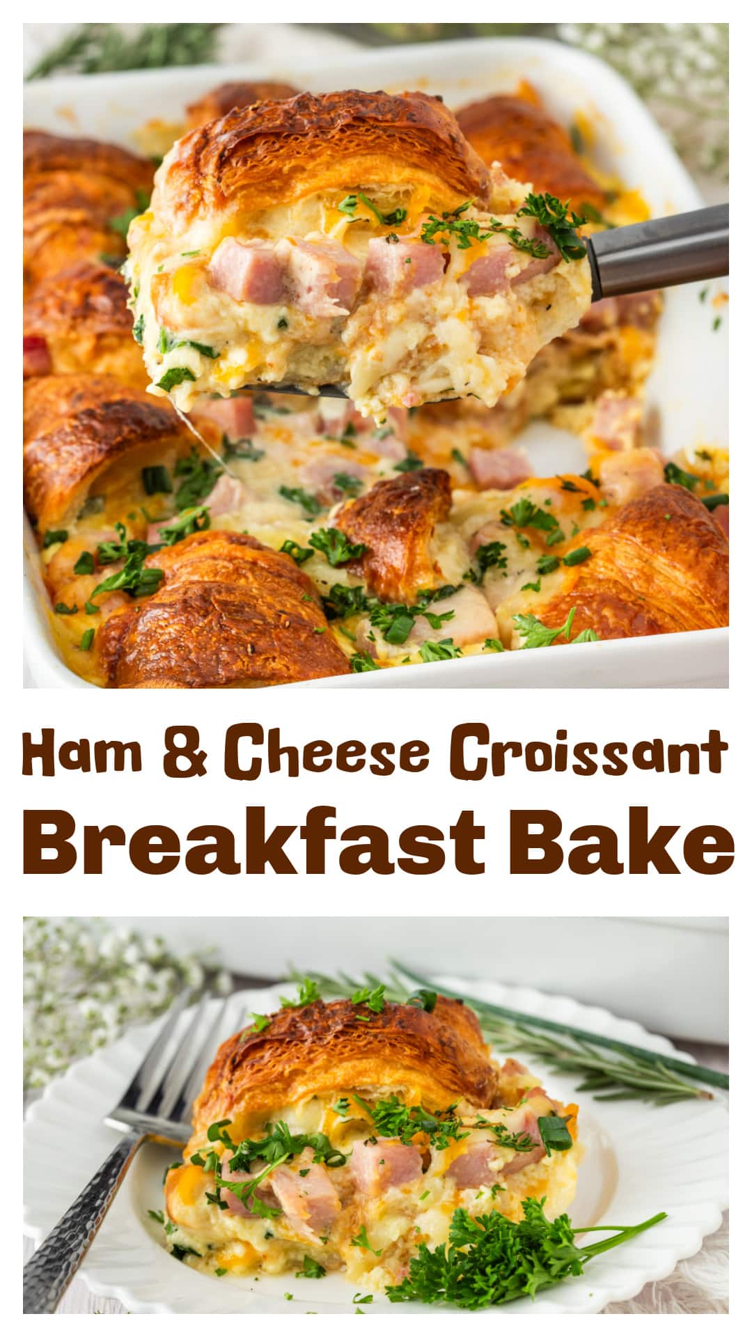 Buttery croissants layered with savory ham, Swiss and cheddar cheese, and a rich egg custard baked until golden and puffed. This ham and cheese croissant breakfast bake is an easy croissant breakfast casserole perfect for brunch, holidays, or weekend mornings. If you love a cozy croissant egg bake or savory breakfast casserole, this simple brunch bake is great for Christmas breakfast, Easter brunch, or make-ahead brunch gatherings with family and friends. via @cmpollak1