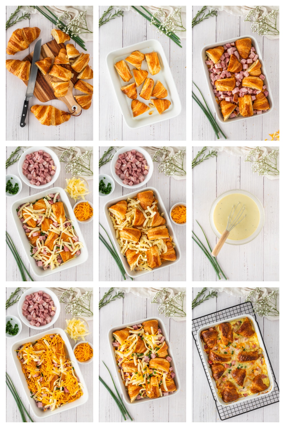 Ham and Cheese Croissant Breakfast Bake Step-by-Step step-by-step process for making ham and cheese croissant breakfast bake including cutting croissants, layering ham and cheese, whisking egg custard, and baking