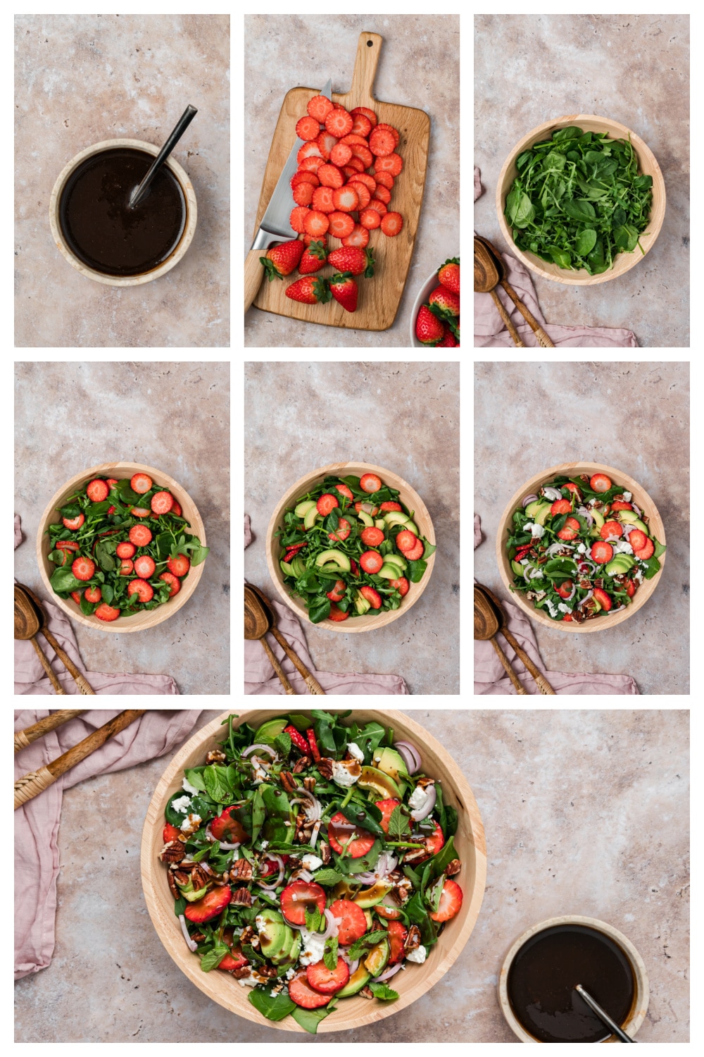 How to Make Strawberry Goat Cheese Salad Step by Step Steps for making strawberry goat cheese salad including slicing strawberries, whisking balsamic vinaigrette, and assembling greens with avocado and pecans