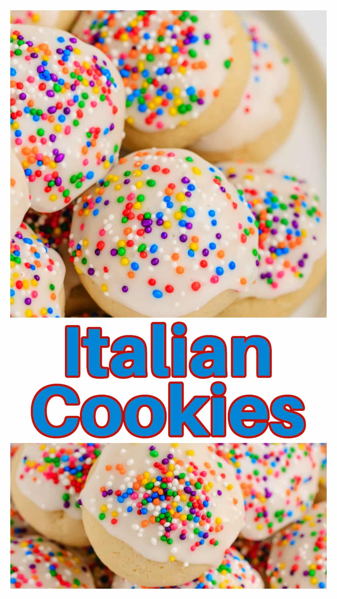Italian cookies recipe for soft, glazed Italian cookies with a light anise flavor and classic rainbow sprinkles. These traditional Italian cookies stay soft with a butter and shortening dough and are finished with a smooth icing. Perfect for holiday cookie trays, Christmas, Easter, and cookie exchanges. Includes tips to keep Italian cookies soft and prevent overbaking. via @cmpollak1