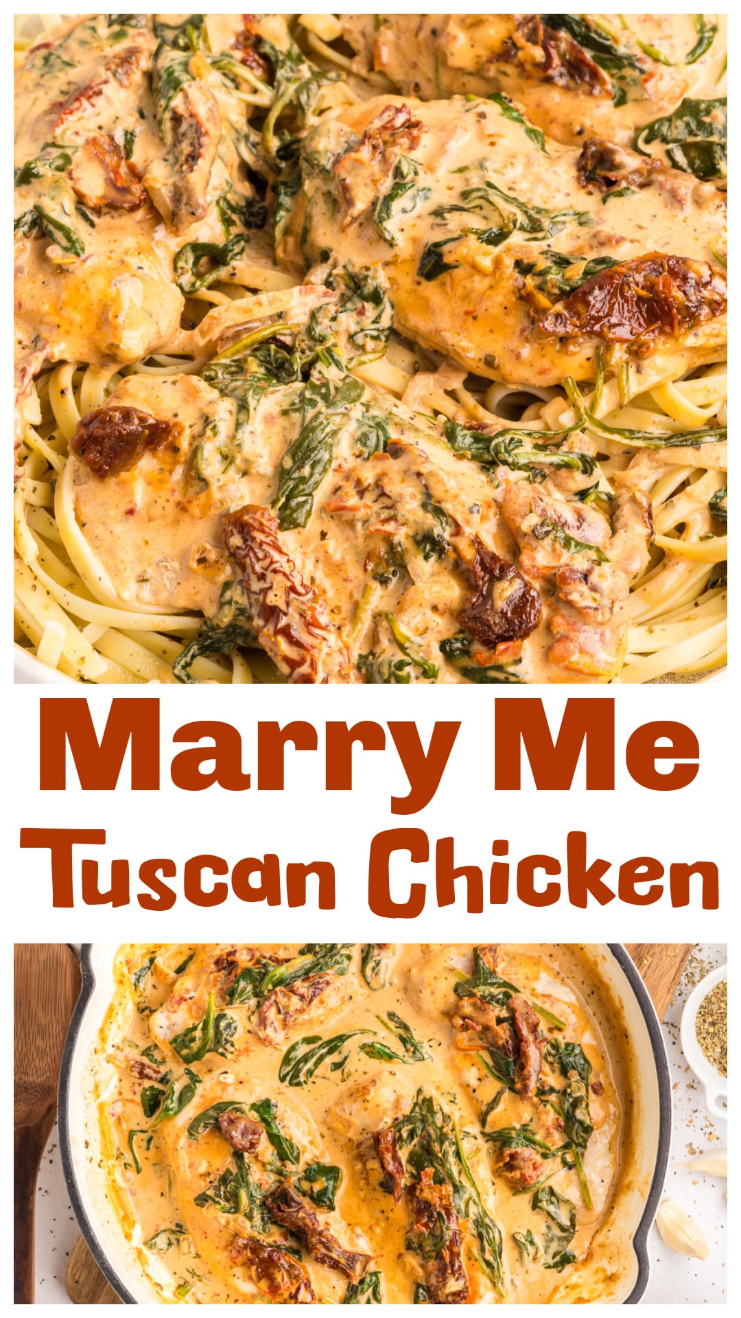 Marry Me Tuscan Chicken is a creamy skillet chicken recipe made with sun-dried tomatoes, spinach, garlic, parmesan cheese, and heavy cream. This one-pan chicken dinner is ready in about 30 minutes and works perfectly served over pasta, rice, or mashed potatoes. If you’re looking for an easy creamy chicken recipe with bold flavor and a rich sauce that actually thickens, this Tuscan chicken is a reliable go-to. via @cmpollak1