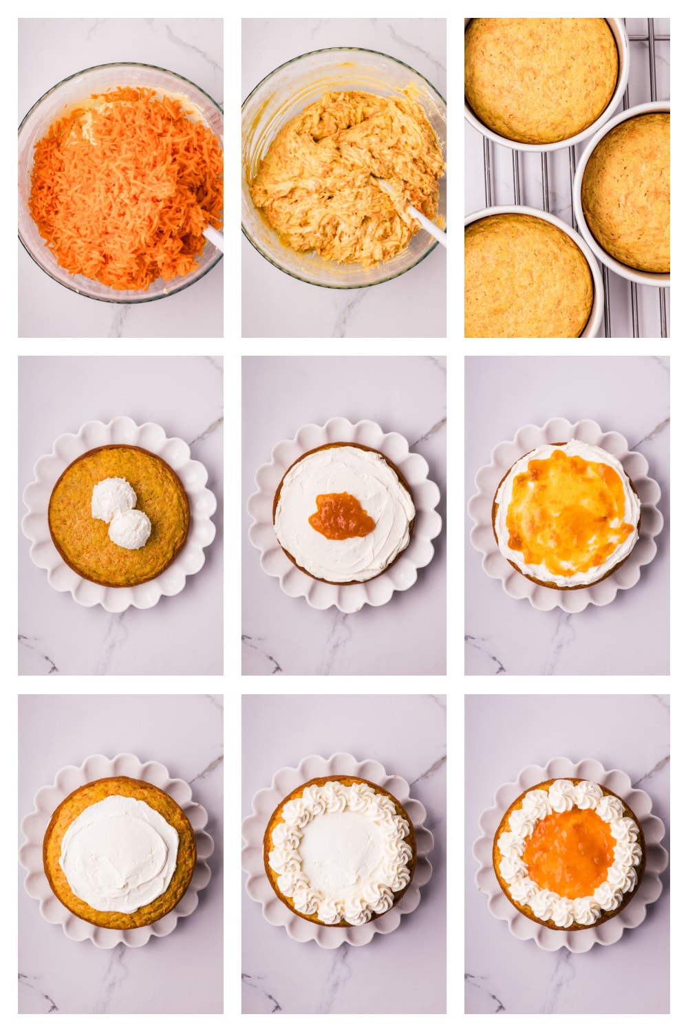 Step-by-step carrot cake collage Step-by-step collage showing how to make carrot cake with apricot filling and white chocolate cream cheese frosting