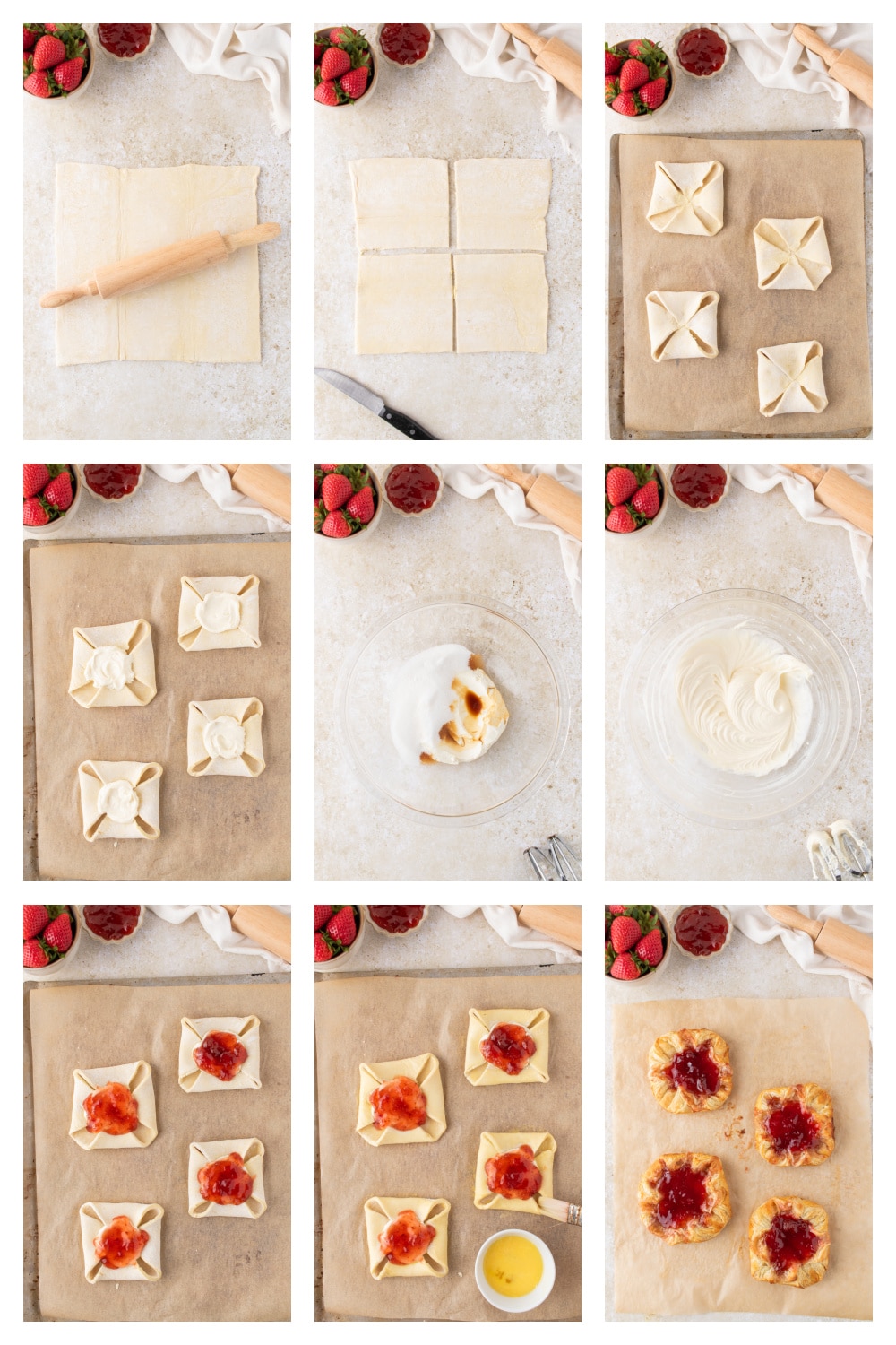 process of making strawberry danish with puff pastry, cream cheese filling, and jam assembly steps