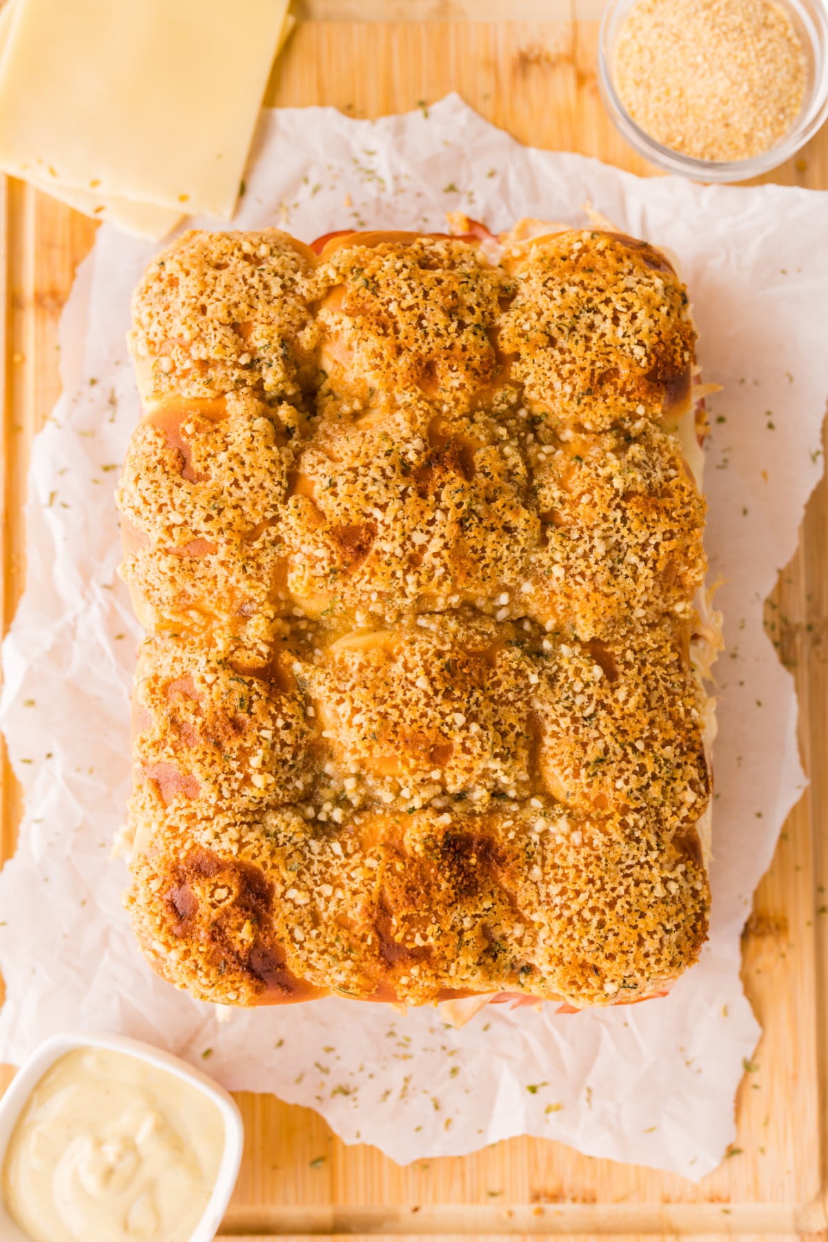 Baked chicken cordon bleu sliders with golden crispy panko topping on Hawaiian rolls