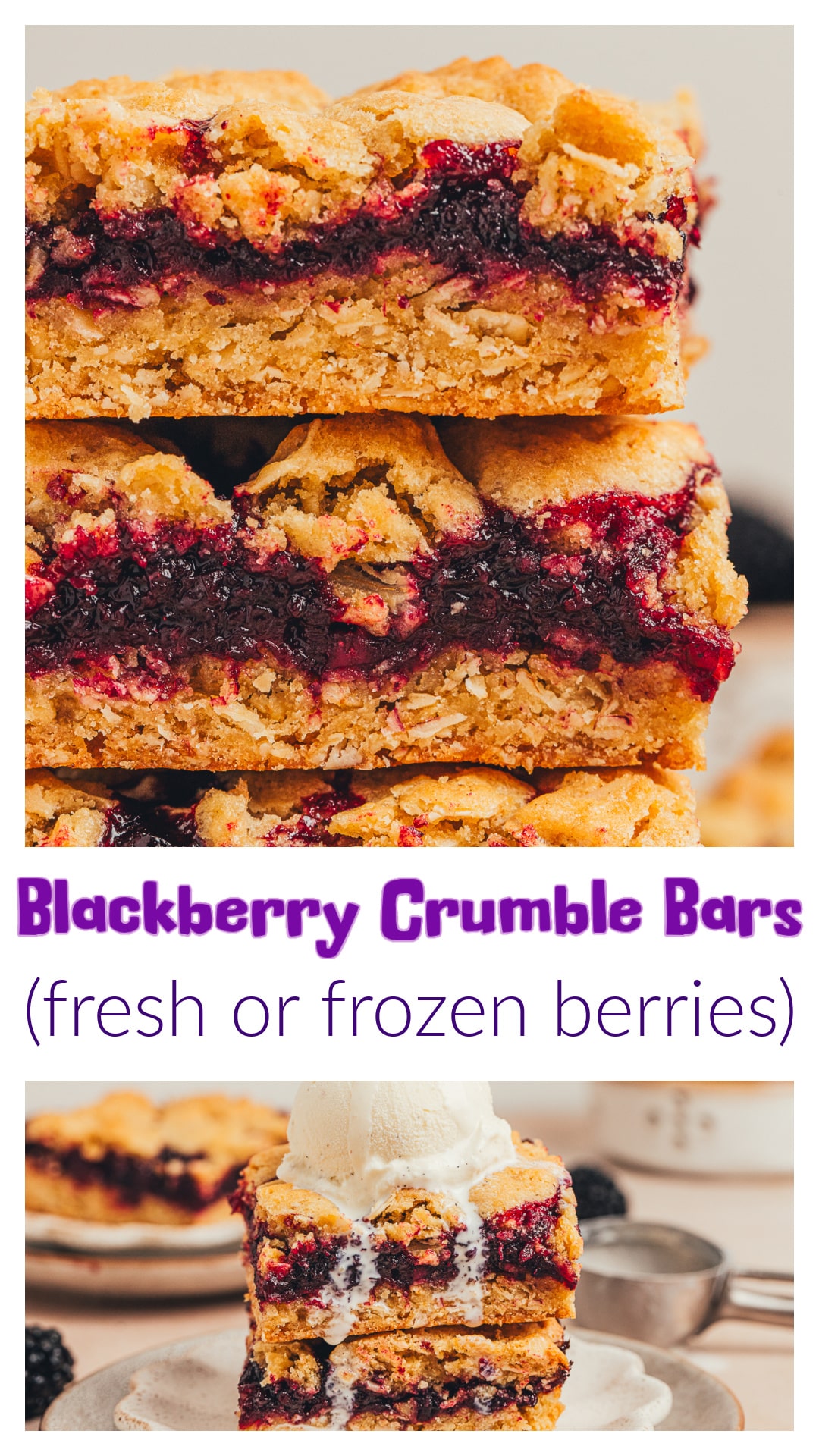 Blackberry crumble bars with a soft oat base and a rich fruit layer made from fresh or frozen blackberries. This easy blackberry dessert bakes up with a buttery crumble topping and a thicker filling that makes clean portions simple. Great for picnics, potlucks, or a make-ahead treat, these blackberry oat bars hold up whether you use fresh berries in season or frozen berries any time of year. via @cmpollak1