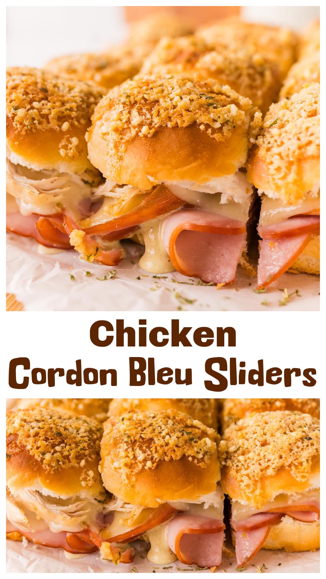 Chicken cordon bleu sliders made with ham, Swiss cheese, and rotisserie chicken layered into soft Hawaiian rolls and baked until golden. Finished with a crispy garlic panko topping that adds texture you don’t usually get with sliders. This easy baked version skips the rolling and breading but keeps the classic flavors intact. Great for dinner, game day, or feeding a group without extra steps. via @cmpollak1