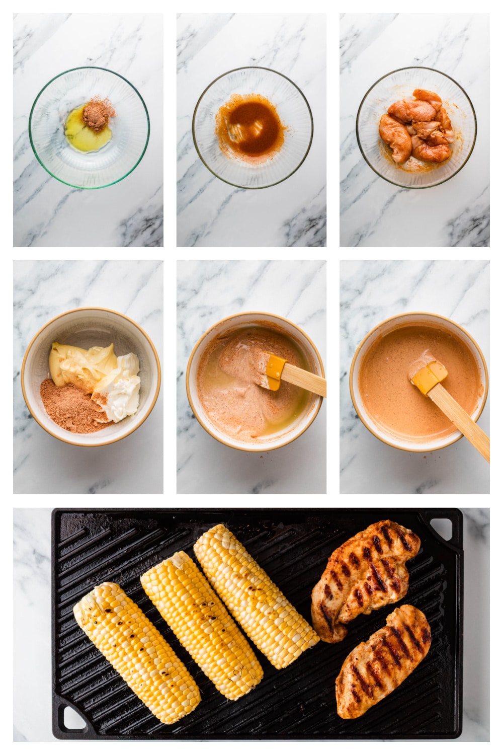 steps for making grilled chicken rice bowls including marinating chicken, grilling corn, slicing chicken, and assembling bowls