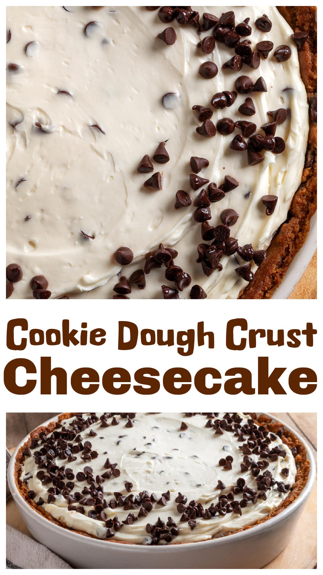 Chocolate chip cookie dough crust cheesecake with a baked cookie base and creamy no-bake filling that chills until firm. This cheesecake recipe uses a pressed and baked cookie dough crust instead of a graham base, then layers in a smooth cream cheese filling with whipped cream for a lighter texture. Finished with mini chocolate chips and chilled until set, it’s a different take on classic no-bake cheesecake. via @cmpollak1