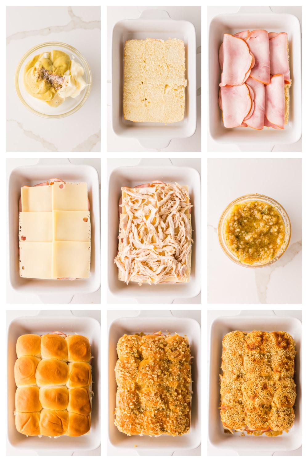 Assembling sliders with mustard spread, layered ham and Swiss cheese, shredded chicken, and garlic panko topping before baking