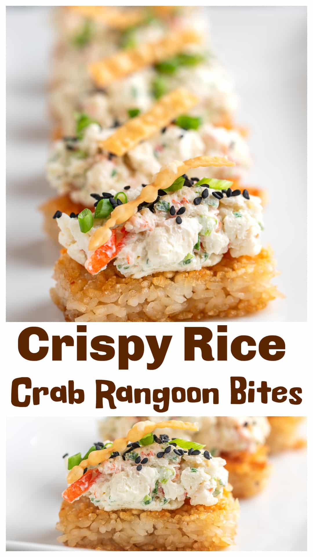 Crispy Rice Crab Rangoon Bites use the viral crispy rice technique as a base for a classic crab rangoon topping. Sushi rice is pressed, chilled, and pan fried until golden, then topped with a smooth crab and cream cheese mixture and finished with crispy wonton strips for texture. It’s all about the contrast between the crispy rice and creamy topping in each bite. via @cmpollak1