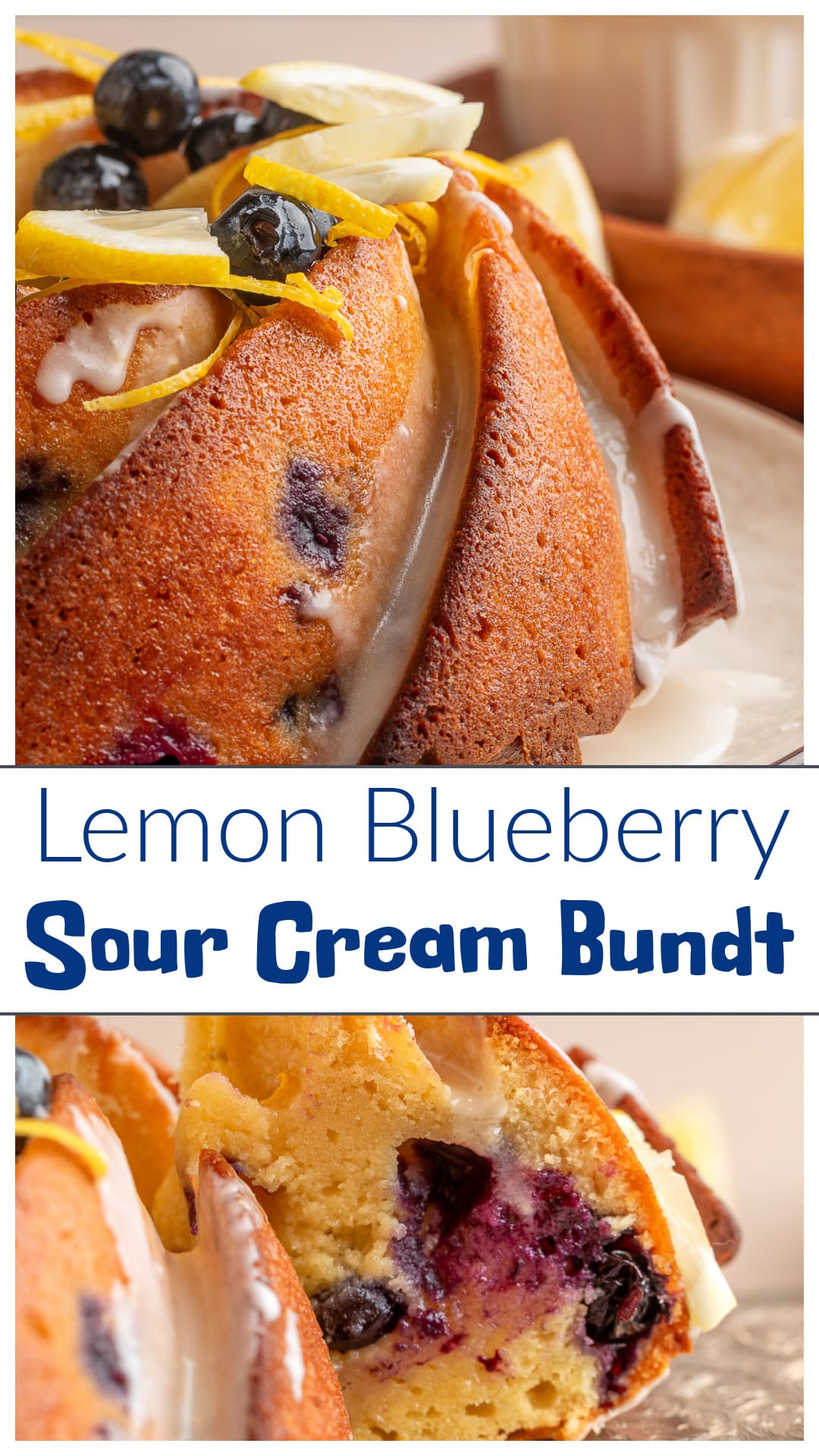 Lemon Blueberry Sour Cream Bundt Cake with lemon baked into the batter, not just the glaze, and blueberries layered so they don’t all sink to the bottom. Made with sour cream, oil, and lemon pudding mix for a cake that stays soft after baking. Finished with a simple lemon glaze and fresh berries, this works for brunch, dessert, or anytime you want something that tastes like lemon. via @cmpollak1