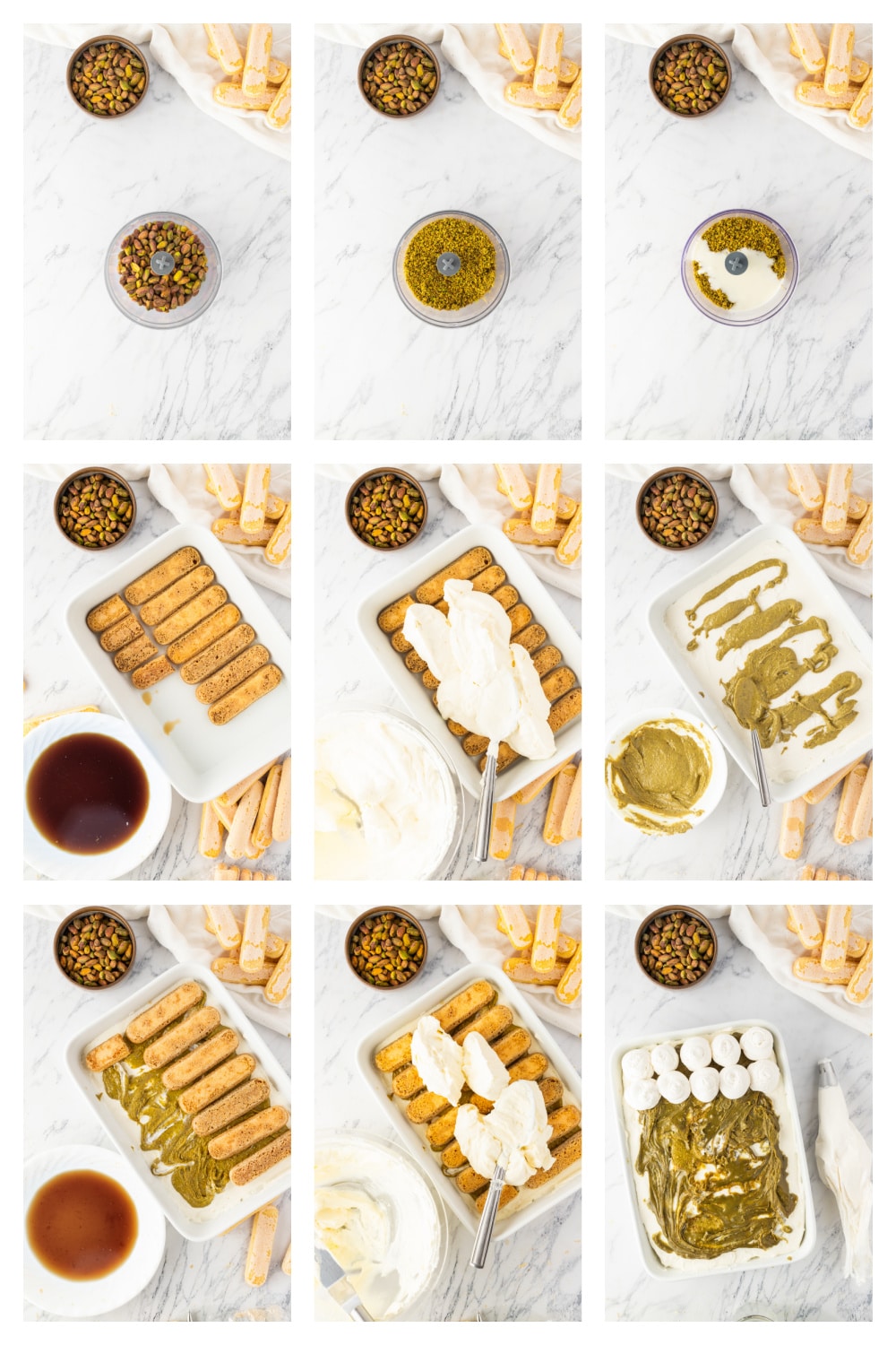 How to Make Pistachio Tiramisu Step by Step steps for making pistachio tiramisu showing pistachio cream coffee soaked ladyfingers and layered mascarpone filling