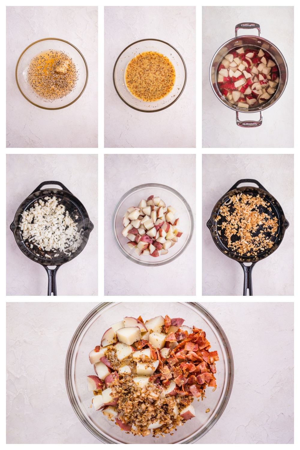 steps for making warm potato salad with bacon and mustard dressing process collage showing boiling potatoes, cooking bacon, sautéing onions, whisking mustard dressing, and tossing everything together