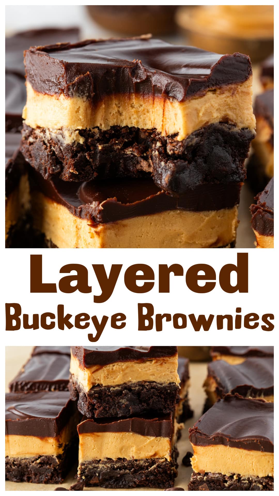 These layered Buckeye brownies are stacked with a thick peanut butter filling, fudgy brownie base, and smooth chocolate ganache topping. Inspired by classic Ohio Buckeye candies, they’re rich, cold, chocolatey, and made for people who think most peanut butter brownies don’t go far enough. Perfect for holiday trays, parties, game days, or sneaking small squares straight from the fridge late at night. A true chocolate peanut butter dessert with serious Buckeye candy energy. via @cmpollak1